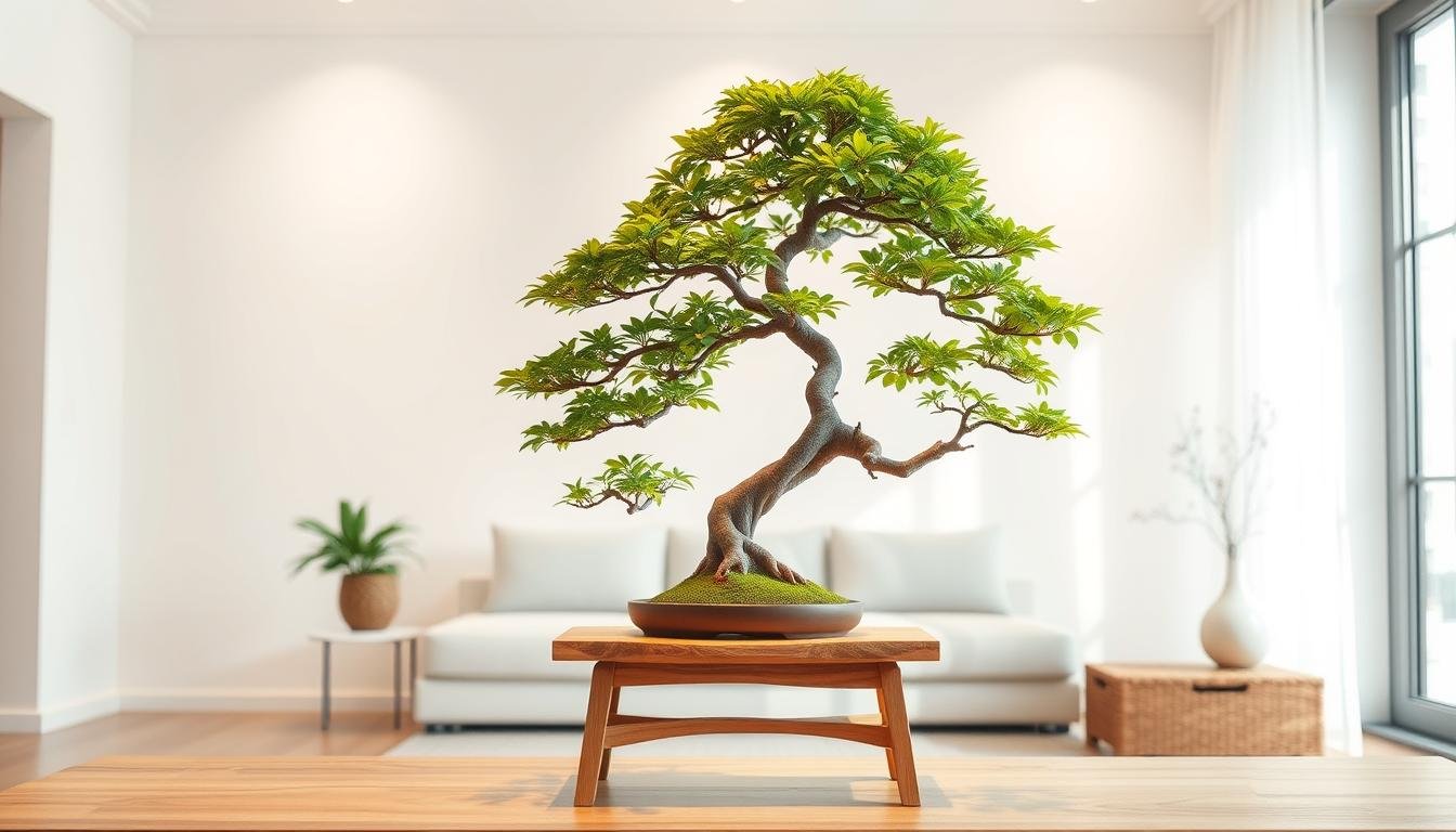 A peaceful, harmonious arrangement of a flourishing bonsai tree on a natural wooden display stand, positioned in a serene, minimalist living space. Soft, indirect lighting creates a warm, inviting ambiance, while the tree's lush, verdant foliage and artistic form command attention. The scene exudes a sense of balance, tranquility and spiritual well-being, perfectly suited to illustrate the practical placement strategies for enhancing the positive energy and fortune within one's home.