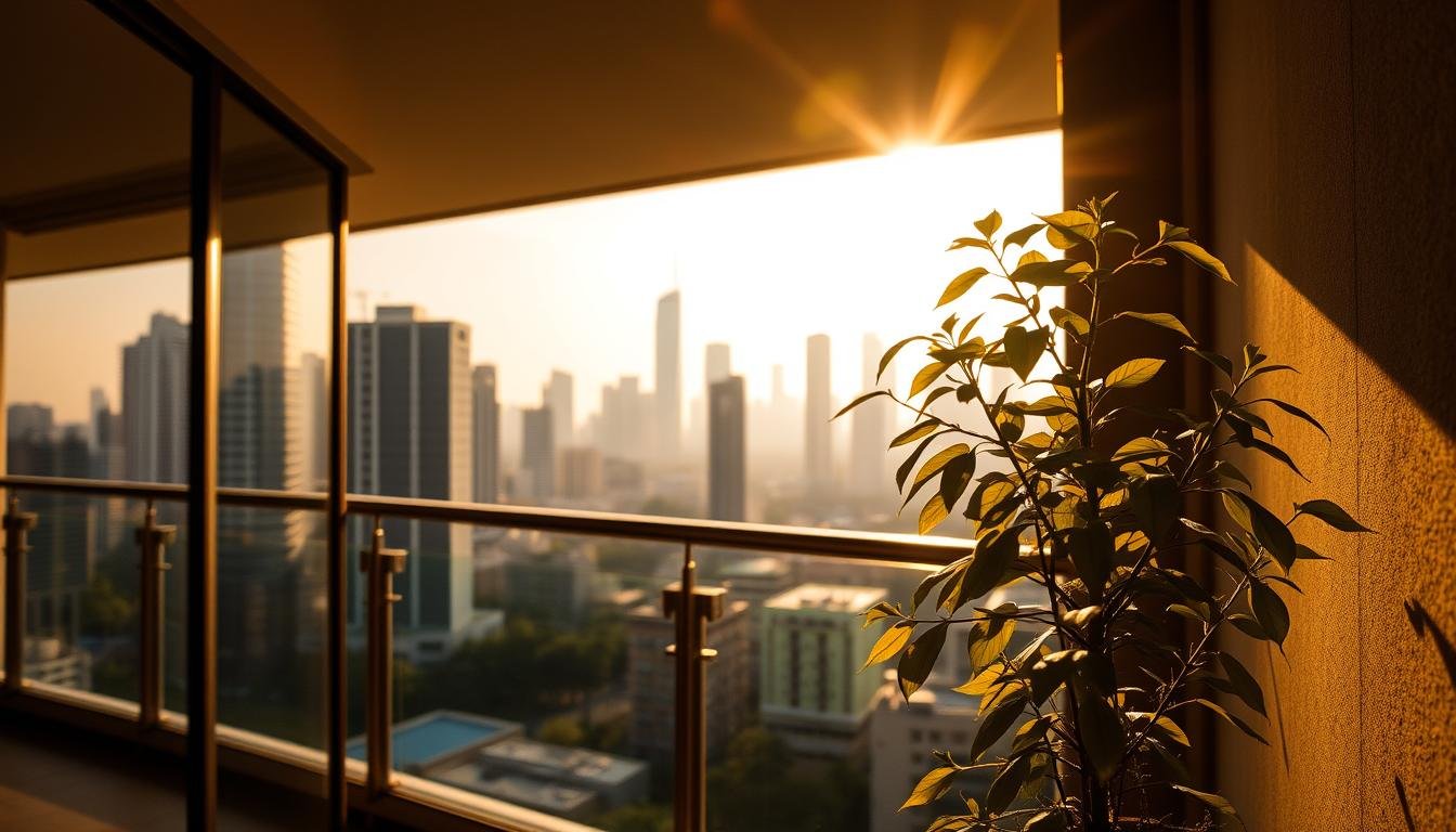 A peaceful urban balcony, bathed in warm, golden afternoon light. The glass-paneled railing offers a panoramic view of the bustling city skyline, with towering high-rises and swaying treetops in the distance. In the foreground, a thriving potted plant, its leaves gently rustling in the gentle breeze, stands as a testament to the harmonious coexistence of nature and the built environment. The overall atmosphere is one of tranquility and contemplation, inviting the viewer to pause and appreciate the intricate balance between the urban and the natural.