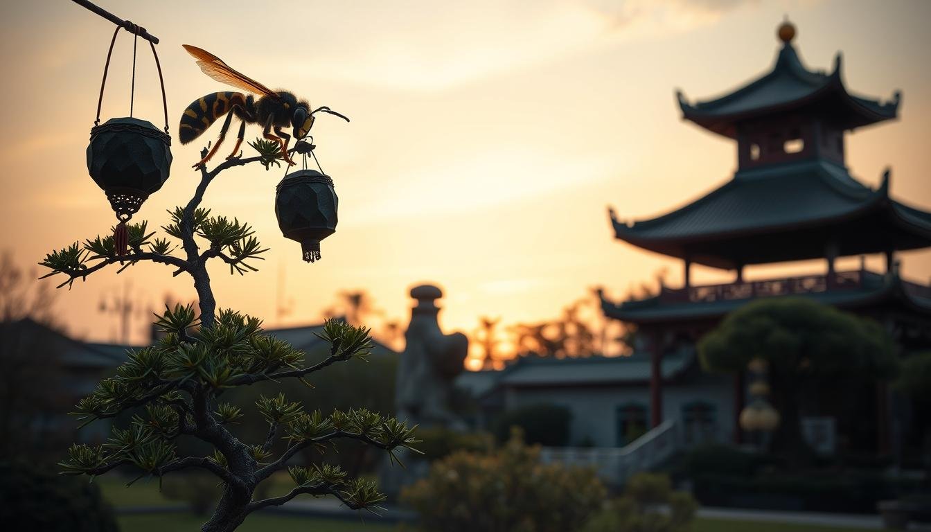 A serene Chinese garden at dusk, with a well-manicured bonsai tree in the foreground. Perched atop the bonsai is a majestic tiger-headed wasp, its golden stripes glistening in the warm, diffused lighting. The wasp's nest, a intricate paper structure, hangs nearby, symbolizing prosperity and wealth. In the middle ground, a traditional Chinese scholar's rock formation casts dramatic shadows, while in the background, a pagoda-style structure stands tall, its eaves casting a soft, tranquil glow. The overall scene exudes a sense of harmony, balance, and the interplay between nature and the metaphysical. A serene Chinese garden at dusk, with a well-manicured bonsai tree in the foreground. Perched atop the bonsai is a majestic tiger-headed wasp, its golden stripes glistening in the warm, diffused lighting. The wasp's nest, a intricate paper structure, hangs nearby, symbolizing prosperity and wealth. In the middle ground, a traditional Chinese scholar's rock formation casts dramatic shadows, while in the background, a pagoda-style structure stands tall, its eaves casting a soft, tranquil glow. The overall scene exudes a sense of harmony, balance, and the interplay between nature and the metaphysical.