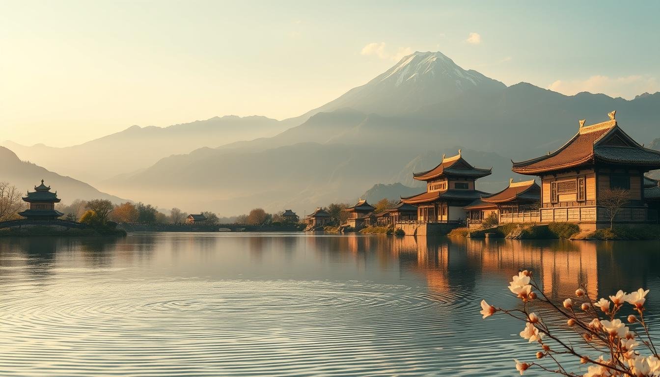 A serene Chinese landscape unfolding before the viewer, with a majestic mountain range rising in the background. In the foreground, a tranquil pond reflects the sky, its surface rippling gently. Dotted along the water's edge are ornate buildings and structures, their roofs adorned with intricate carvings and accents. The scene is bathed in a warm, golden light, creating a sense of harmony and prosperity. Delicate flora lines the pond's banks, adding to the overall air of abundance and wealth. The composition draws the eye inward, leading the viewer on a journey through this picturesque setting, representative of the auspicious "西南主財位" and the potential for financial growth and prosperity it symbolizes.