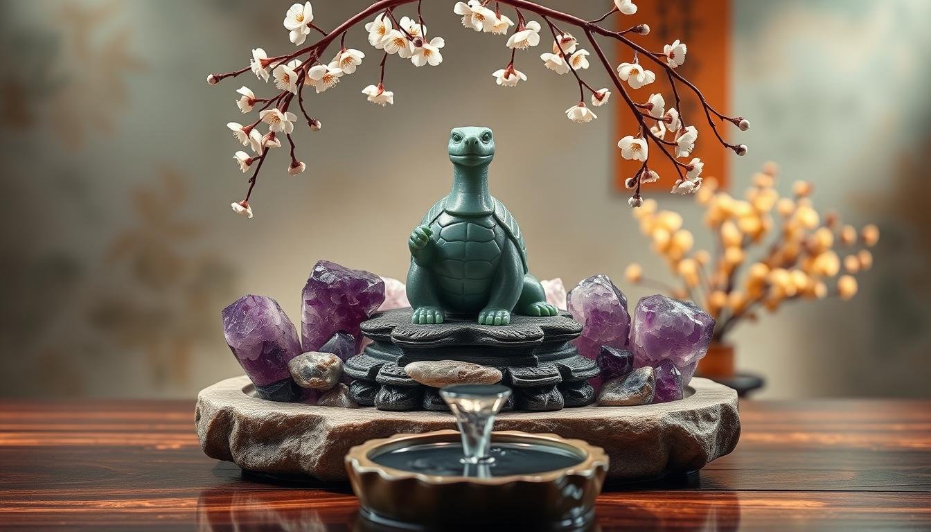 A serene Feng Shui arrangement depicting the auspicious "正南偏財位" for the year 2025. A central jade sculpture of the Xuan Wu (Black Tortoise) stands tall, encircled by a ring of natural amethyst crystals. Delicate cherry blossom branches cascade gently from above, casting a warm, golden glow across the scene. In the foreground, a small water fountain bubbles softly, its soothing sounds complementing the tranquil atmosphere. The background features a muted, earthy palette, with hints of jade green and ochre to evoke a sense of grounded harmony. Soft, diffused lighting illuminates the arrangement, creating an aura of contemplative balance and prosperity.