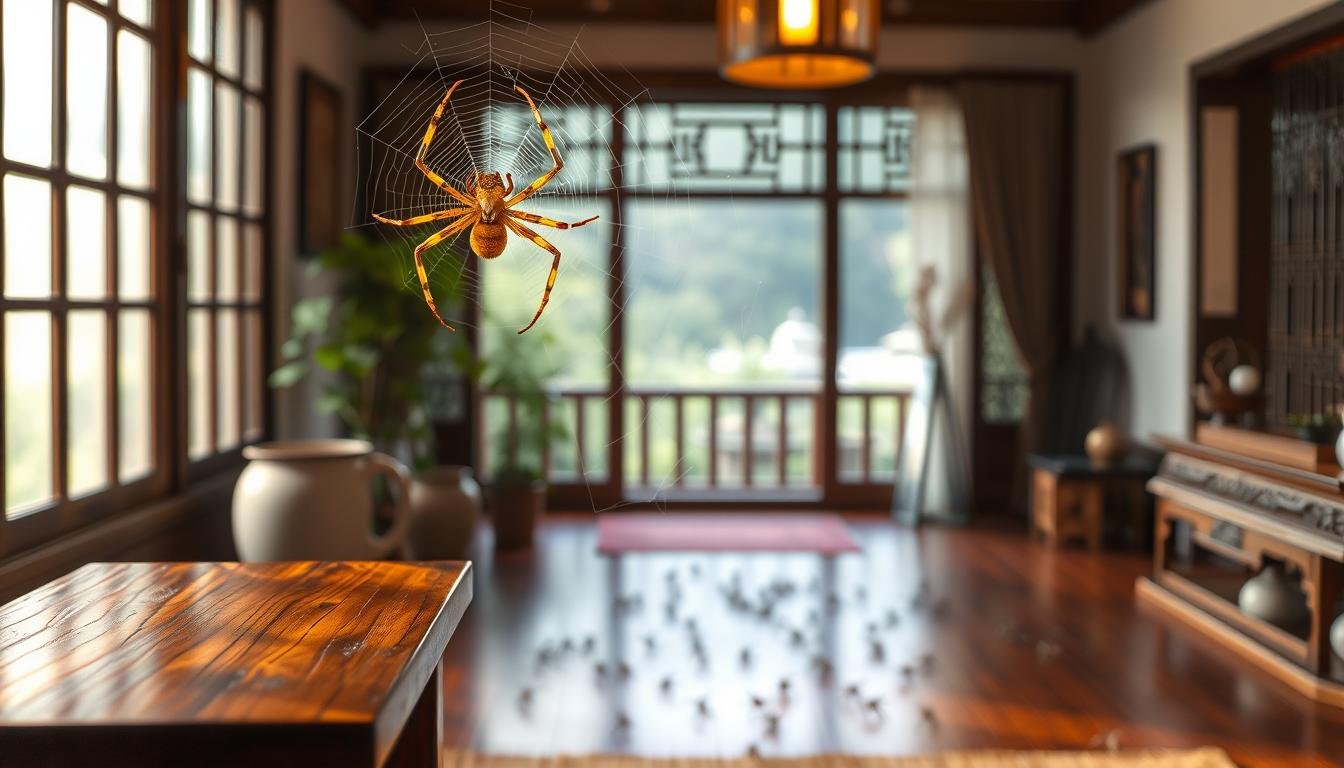 A serene, ambient scene depicting the symbolic meaning of spider numbers within a traditional Chinese home. In the foreground, a single, majestic golden spider perches atop a wooden shelf, its intricate web glistening under soft, warm lighting. In the middle ground, a cluster of smaller spiders scurry across the floor, suggesting prosperity and abundance. The background features a tranquil garden view through a large window, hinting at the harmonious integration of nature and domestic space. The overall composition conveys a sense of balance, harmony, and the interplay between solitary and collective energies.
