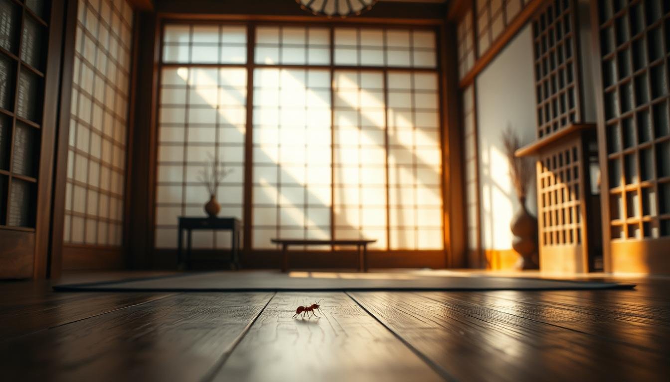 A serene and contemplative interior space, bathed in warm, natural light filtering through delicate rice paper screens. Elegant wood furnishings and minimal, Zen-inspired decor create a calming ambiance. A single red ant scurries across the polished floorboards, symbolizing the hidden meanings and energy flows within this sacred space. The camera captures the scene from a low, intimate angle, drawing the viewer into the tranquil atmosphere and inviting them to ponder the deeper significance of the ant's presence. Soft shadows and muted tones enhance the sense of harmony and balance, reflecting the principles of feng shui. A serene and contemplative interior space, bathed in warm, natural light filtering through delicate rice paper screens. Elegant wood furnishings and minimal, Zen-inspired decor create a calming ambiance. A single red ant scurries across the polished floorboards, symbolizing the hidden meanings and energy flows within this sacred space. The camera captures the scene from a low, intimate angle, drawing the viewer into the tranquil atmosphere and inviting them to ponder the deeper significance of the ant's presence. Soft shadows and muted tones enhance the sense of harmony and balance, reflecting the principles of feng shui.