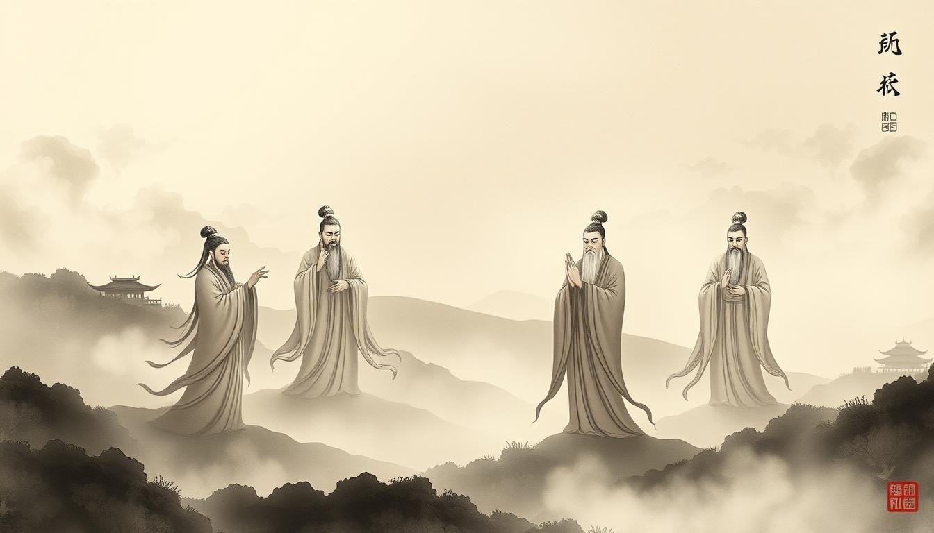 A serene and contemplative scene depicting the six Taoist celestial deities, known as the "Liu Shen" or "Six Spirits." The figures are rendered in a traditional Chinese ink wash painting style, with muted tones and subtle textures. The deities are arranged in a balanced composition, each one embodying a specific aspect of the Taoist cosmology. The background features a tranquil landscape with rolling hills, wispy clouds, and a hint of a distant temple or pavilion, evoking a sense of timelessness and spiritual connection. The lighting is soft and diffused, creating a sense of introspection and inner reflection. The overall atmosphere is one of deep wisdom, ancient knowledge, and the harmony between the physical and metaphysical realms.