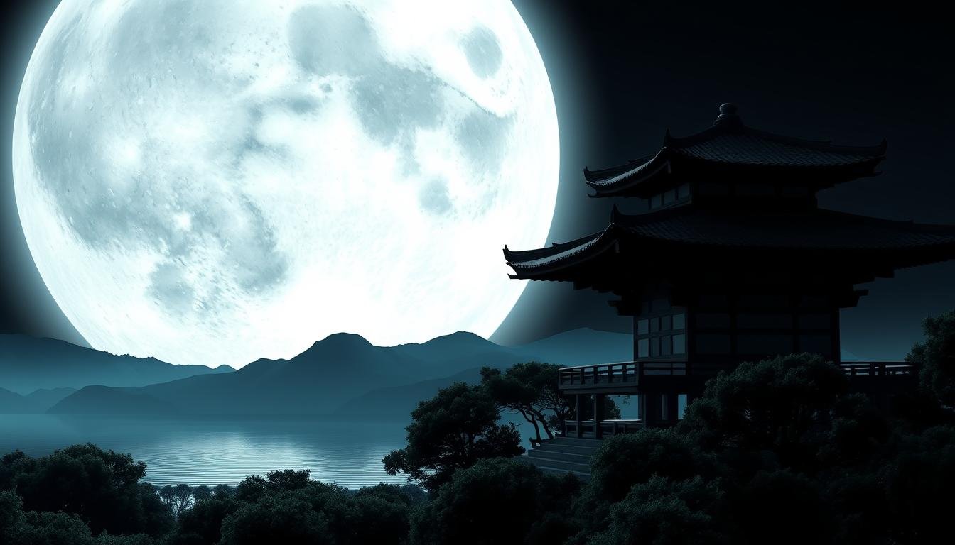 A serene and ethereal full moon, its silver light gently illuminating a tranquil Japanese landscape. The moon's surface is textured with intricate craters and shadows, casting a soft, reflective glow. In the foreground, a traditional Japanese temple or pagoda stands silhouetted against the night sky, its elegant architecture and geometric lines creating a sense of timeless beauty. The middle ground features lush, verdant foliage, with the gentle ripples of a pond or lake reflecting the moon's radiance. In the background, distant mountains rise, their peaks shrouded in mist, creating a sense of depth and mystery. The overall atmosphere is one of peaceful contemplation, evoking the ancient wisdom and spirituality associated with the practice of Bazi, or Chinese astrology.