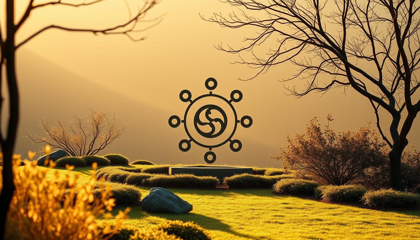 A serene and harmonious scene depicting the interlocking principles of 方位 (cardinal directions), 八卦 (eight trigrams), and 五行 (five elements). A minimalist landscape with a stylized representation of the Bagua, nestled among a tranquil garden setting. Warm, golden lighting illuminates the composition, casting soft shadows and creating a sense of balance and equilibrium. The five elements - wood, fire, earth, metal, and water - are symbolically integrated into the design, highlighting their interconnectedness. The image conveys a deep understanding of traditional Chinese geomancy and its practical application in enhancing the harmony of living spaces.