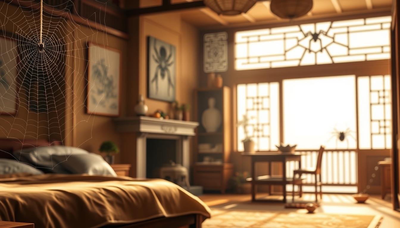 A serene and intricate scene depicting the unique spider symbolism found in different areas of a traditional Chinese home. In the foreground, a delicate web adorns the corner of a cozy bedroom, representing rest and introspection. In the middle ground, a spider scurries across the living room mantelpiece, hinting at the web of life and connections. Further back, a spider carefully constructs its nest in the kitchen, signifying prosperity and abundance. Finally, a single spider guards the tranquil entryway, a guardian of the home. Warm, earthy tones suffuse the scene, creating an atmosphere of quiet contemplation. Soft, diffused lighting casts gentle shadows, enhancing the sense of harmony and balance.