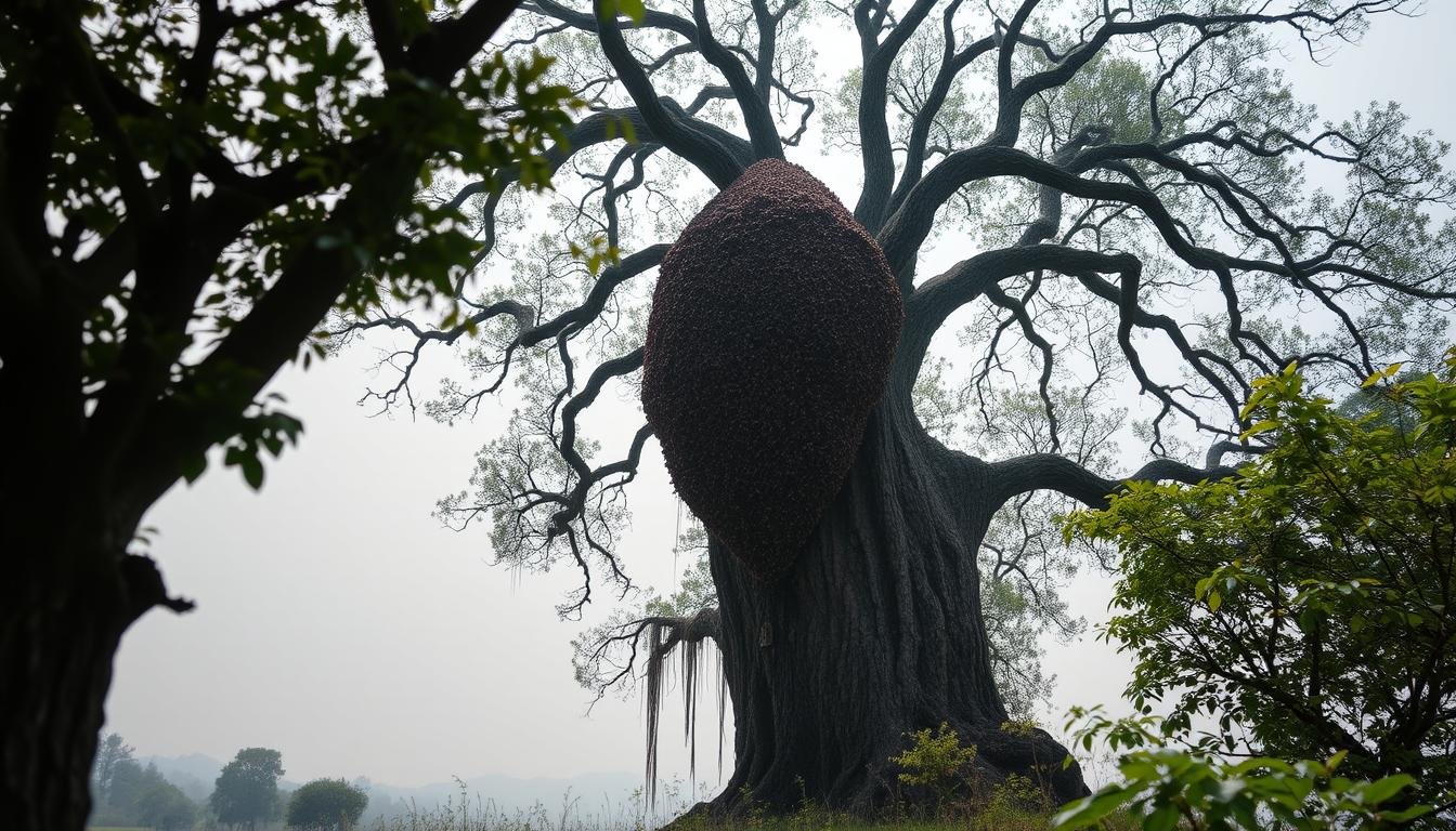 A serene and mysterious scene depicting the reasons behind the taboo against disturbing a beehive. In the foreground, a tranquil landscape with lush greenery and a clear sky. In the middle ground, a towering beehive clings to the branches of an ancient tree, its intricate patterns glistening in the soft, filtered light. The background fades into a sense of the unknown, hinting at the supernatural or spiritual forces that govern the delicate balance of nature. The mood is one of reverence and caution, inviting the viewer to ponder the unseen consequences of disturbing this sacred space. Shot with a wide-angle lens to capture the grandeur of the scene, the image conveys a sense of timelessness and the importance of respecting the natural order.