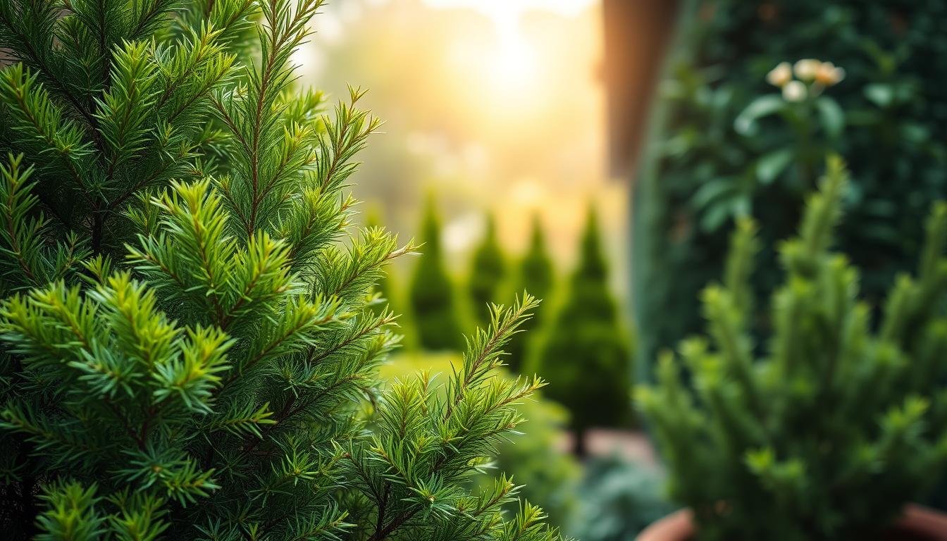 A serene and tranquil scene of a lush, verdant garden featuring a central focus on a carefully curated selection of healthy, flourishing Hong Guan Bai (Thuja) plants. The foreground showcases the intricate details of the Thuja foliage, with its delicate, vibrant green hues and symmetrical branching patterns. The middle ground features a group of Thuja plants of varying sizes, strategically positioned to create a harmonious and visually appealing composition. The background depicts a soft, diffused natural light, casting a warm, inviting glow over the entire scene, evoking a sense of calming serenity. The overall image conveys a sense of balance, tranquility, and the importance of selecting high-quality, healthy Thuja plants for optimal Feng Shui applications.