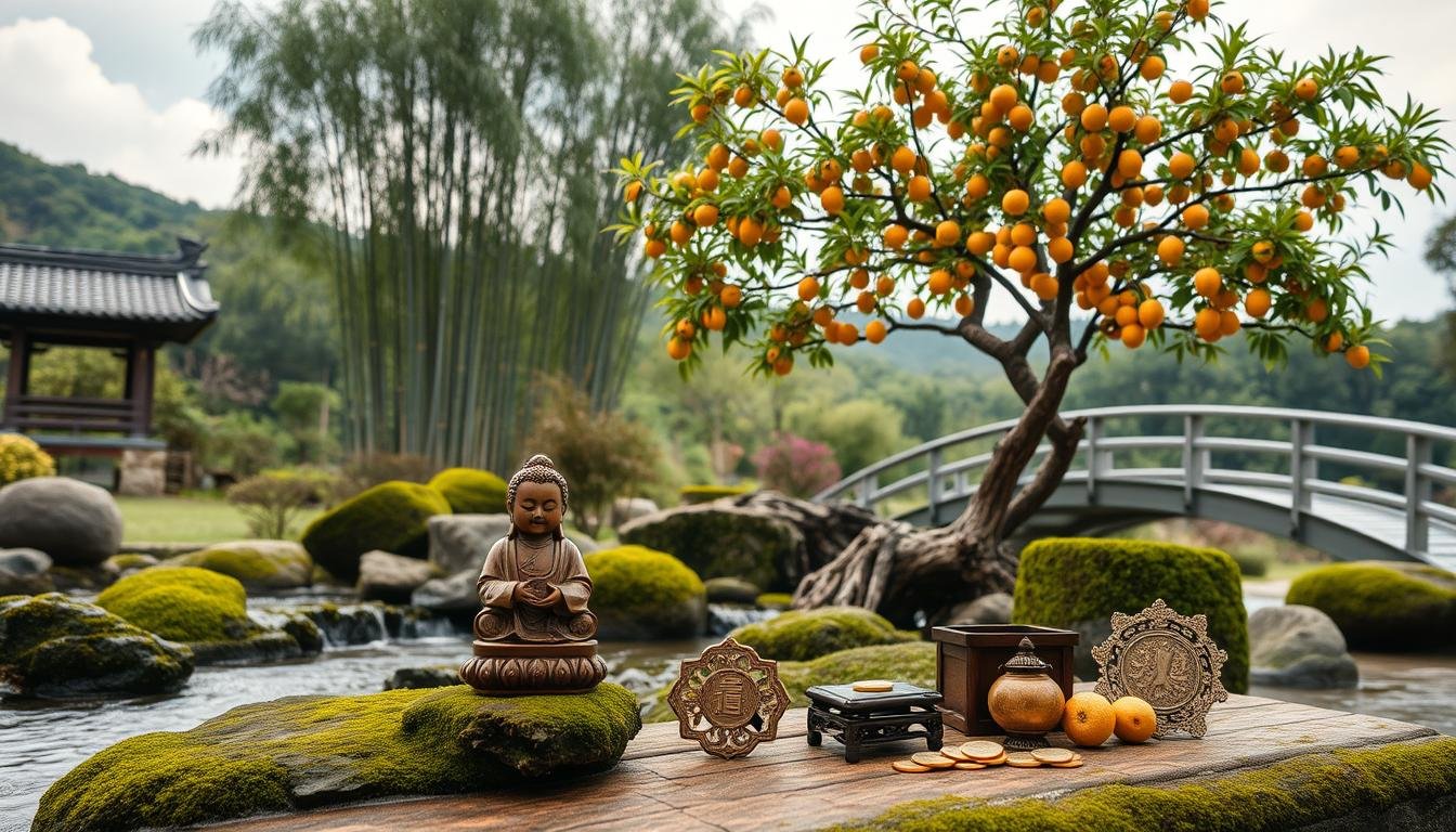 A serene and tranquil scene of a traditional Chinese garden, featuring a gently flowing stream, mossy rocks, and a curved bridge. In the foreground, a carefully curated display of auspicious objects, including a carved wooden statue, a cluster of golden coins, and a jade ornament, all arranged in a harmonious and balanced composition. The middle ground showcases a flourishing citrus tree, its branches laden with ripe, vibrant fruits. The background is dominated by a lush, verdant landscape, with towering bamboo groves and wispy clouds in the distance. The overall lighting is soft and diffused, creating a calming and contemplative atmosphere. The composition is captured with a wide-angle lens, allowing for a panoramic view of the scene.