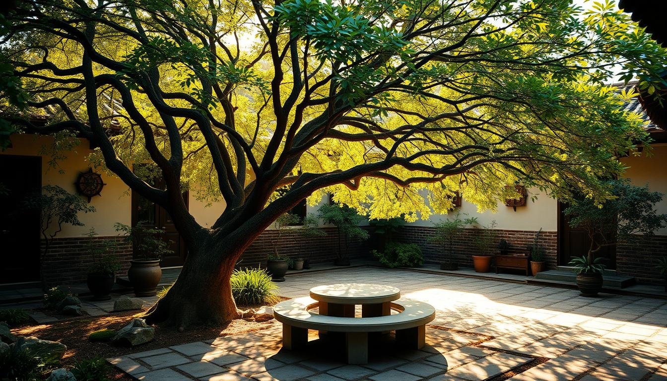 A serene courtyard garden adorned with a majestic Elm tree. The tree's graceful branches cast a dappled pattern of light and shadow across a stone table and bench, inviting contemplation. The scene is bathed in a warm, golden glow from the afternoon sun, creating a tranquil and harmonious atmosphere. Carefully placed rocks and potted plants accentuate the natural elements, while the well-tended grounds suggest a harmonious integration of the Elm tree within the overall design. This image captures the essence of the Elm tree's role in traditional Chinese feng shui, highlighting its auspicious symbolism and the importance of its proper placement and integration within a garden or courtyard setting.