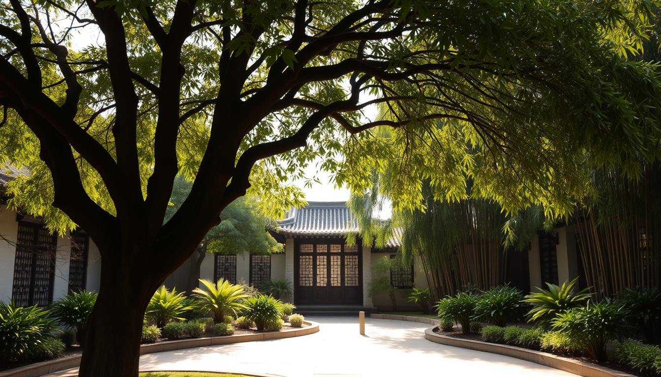 A serene courtyard scene with a mature elm tree in the foreground, its branches gently swaying in a warm, natural breeze. The tree's elegant silhouette casts a soft, dappled pattern of light and shadow across the well-tended stone path winding through a lush, verdant landscape. In the middle ground, a traditional Chinese garden pavilion stands, its elegant roof and latticed windows reflecting the tranquil ambiance. Tall, stately bamboo plants sway in the background, creating a sense of enclosure and privacy within this idyllic outdoor oasis. The lighting is soft and diffused, evoking a serene, timeless atmosphere that invites contemplation and a deeper connection with nature.