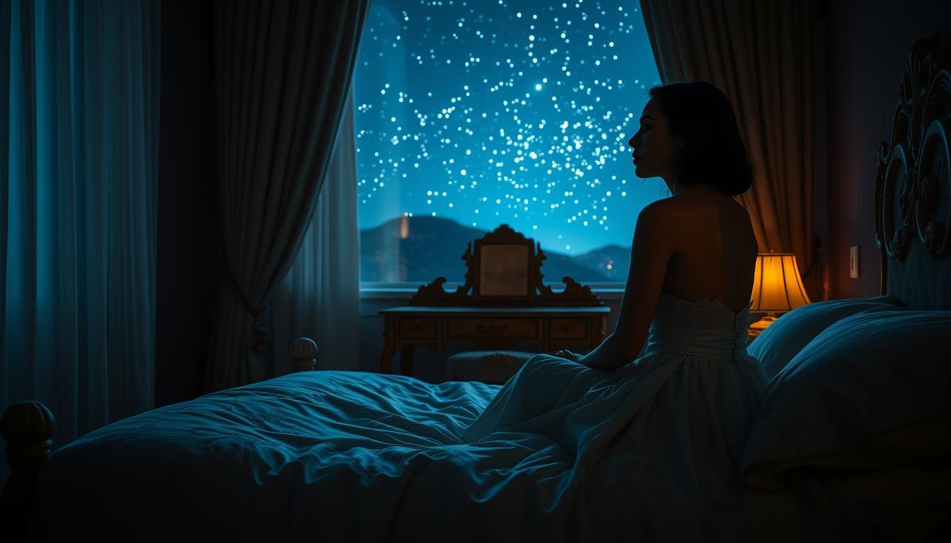 A serene, dimly lit bedroom scene. In the foreground, a woman sits on the edge of a plush, ornate bed, her gaze fixed on the night sky outside the window. Delicate floral patterns adorn the bedding and curtains, casting a soft, dreamlike ambiance. The middle ground features a wooden vanity with an intricately carved mirror frame, reflecting the woman's pensive expression. In the background, the night sky is filled with twinkling stars, their radiance casting a warm, romantic glow throughout the room. The lighting is subtle, creating deep shadows and highlights that accentuate the woman's elegant features and the room's luxurious decor, evoking a sense of mystique and introspection. A serene, dimly lit bedroom scene. In the foreground, a woman sits on the edge of a plush, ornate bed, her gaze fixed on the night sky outside the window. Delicate floral patterns adorn the bedding and curtains, casting a soft, dreamlike ambiance. The middle ground features a wooden vanity with an intricately carved mirror frame, reflecting the woman's pensive expression. In the background, the night sky is filled with twinkling stars, their radiance casting a warm, romantic glow throughout the room. The lighting is subtle, creating deep shadows and highlights that accentuate the woman's elegant features and the room's luxurious decor, evoking a sense of mystique and introspection.