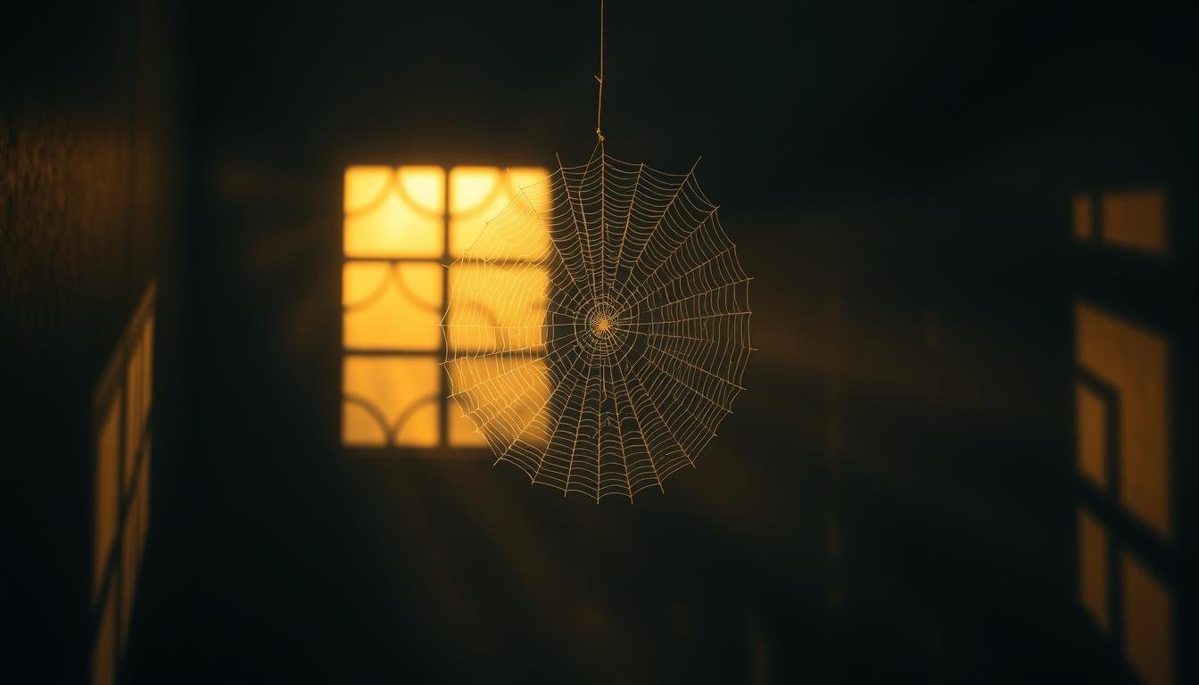 A serene, dimly lit interior space, with a delicate spider's web illuminated by soft, golden light filtering through a window. The web's intricate, ephemeral geometry casts mesmerizing shadows on the walls, creating a sense of tranquility and mystique. The background is hazy, emphasizing the web's central focus, a symbol of the duality of fortune and misfortune in feng shui. The composition is balanced, with the web occupying the central frame, surrounded by a subtle, atmospheric ambiance that evokes a sense of contemplation and the unseen forces that shape our environment.