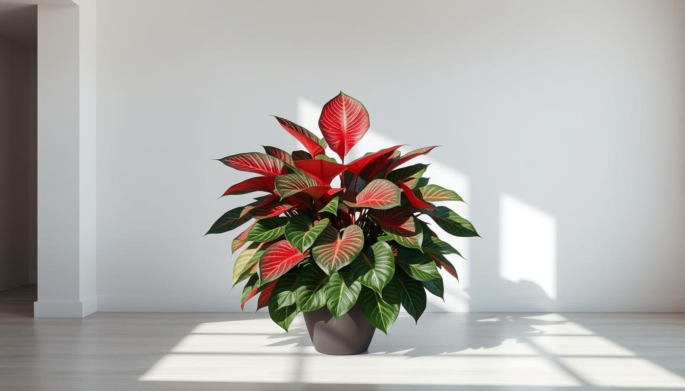 A serene indoor scene showcasing the optimal placement of a Caladium, also known as the Elephant Ear or Angel's Wings plant. The lush, tropical foliage is meticulously arranged in a harmonious balance, its vibrant hues and sculptural leaves commanding attention. Soft, directional lighting illuminates the scene, casting gentle shadows that accentuate the plant's textures and enhances the overall sense of tranquility. The Caladium is positioned in a spacious, minimalist room with clean lines and muted tones, allowing the plant to take center stage as a focal point that promotes harmony and positive energy flow. The composition highlights the ideal plant-to-space ratio, providing visual guidance on optimal Caladium placement for maximum feng shui benefits.