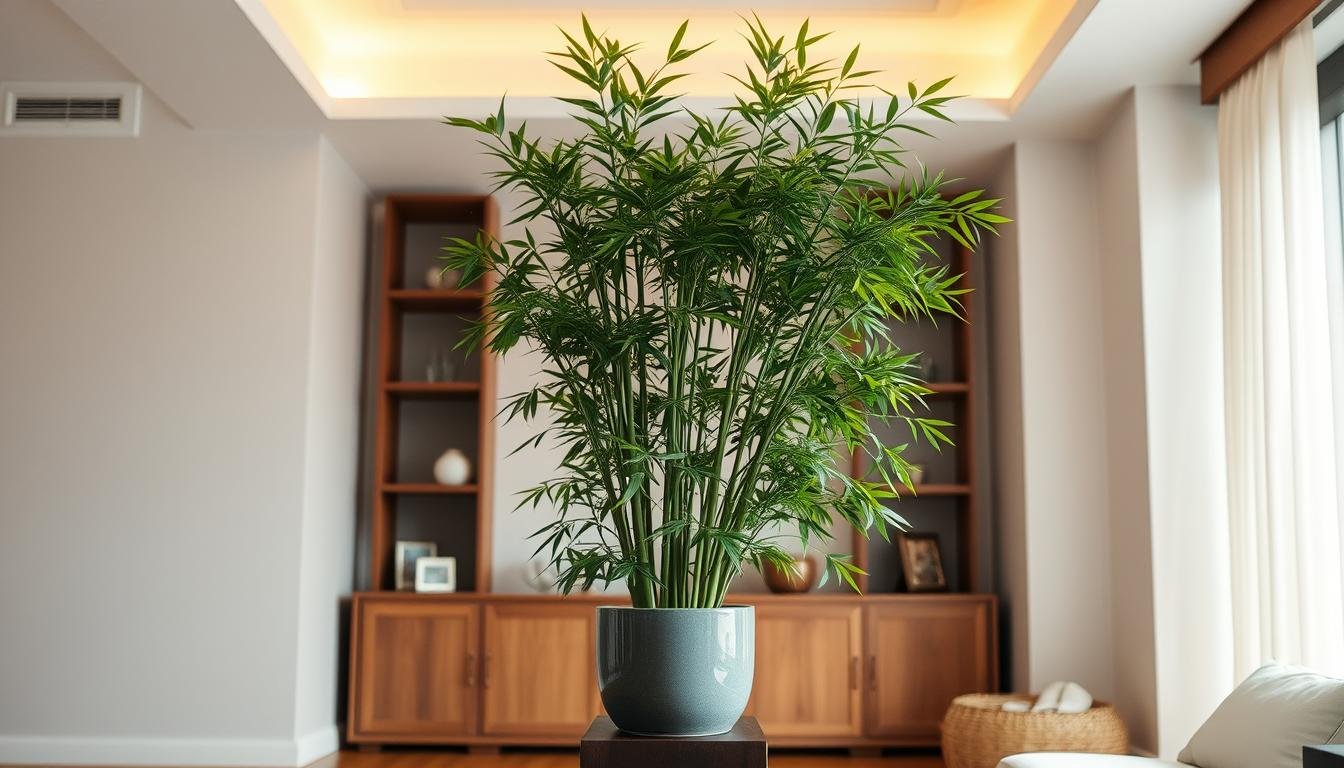 A serene indoor setting with a potted Bamboo plant prominently displayed. The Bambusa multiplex, commonly known as Clumping Bamboo or Hedge Bamboo, stands tall and graceful, its slender green culms and lush foliage exuding a sense of harmony and tranquility. Placed on a wooden stand or low table, the Bamboo is positioned in an auspicious spot, bathed in soft, warm lighting that accentuates its natural beauty. The background is a minimalist, neutral-toned interior, allowing the Bamboo to be the focal point and embodiment of balanced feng shui principles. The camera angle is slightly elevated, providing a serene, contemplative perspective on the Bamboo's peaceful presence within the domestic space. A serene indoor setting with a potted Bamboo plant prominently displayed. The Bambusa multiplex, commonly known as Clumping Bamboo or Hedge Bamboo, stands tall and graceful, its slender green culms and lush foliage exuding a sense of harmony and tranquility. Placed on a wooden stand or low table, the Bamboo is positioned in an auspicious spot, bathed in soft, warm lighting that accentuates its natural beauty. The background is a minimalist, neutral-toned interior, allowing the Bamboo to be the focal point and embodiment of balanced feng shui principles. The camera angle is slightly elevated, providing a serene, contemplative perspective on the Bamboo's peaceful presence within the domestic space.