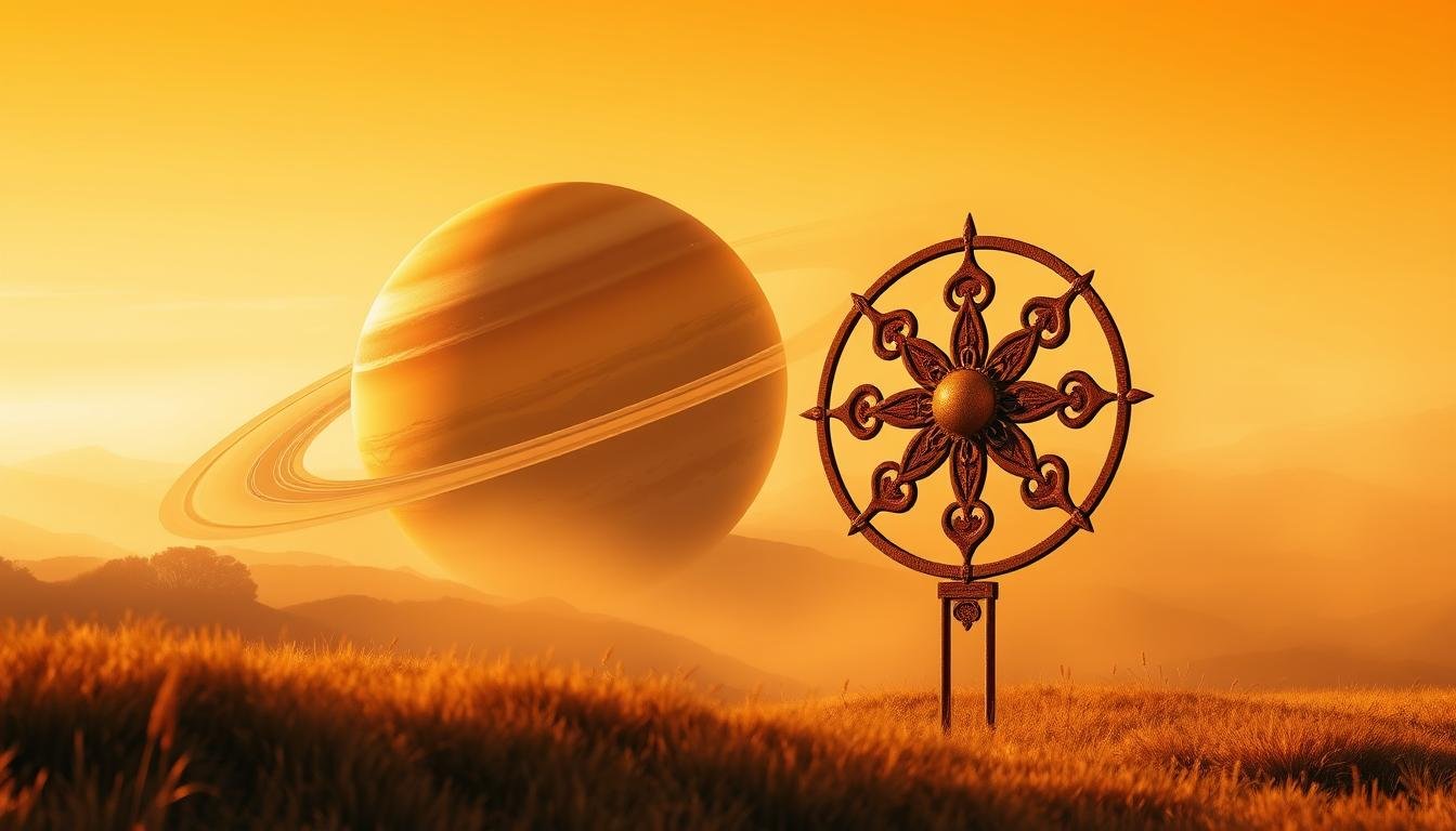 A serene landscape bathed in warm, golden light. In the foreground, a large, majestic Saturn looms, its iconic rings casting a soft, ethereal glow. The planet's surface is a mesmerizing blend of ochre and amber hues, with subtle swirls and textures that suggest the turbulent forces at work within. In the middle ground, a traditional Chinese five-element compass rose stands tall, its cardinal directions marked by bold, calligraphic strokes in a vibrant, earthy palette. The compass is surrounded by a tranquil, misty atmosphere, creating a sense of mysticism and ancient wisdom. In the distance, the horizon fades into a serene, hazy sky, hinting at the vast, unknowable mysteries of the cosmos. A serene landscape bathed in warm, golden light. In the foreground, a large, majestic Saturn looms, its iconic rings casting a soft, ethereal glow. The planet's surface is a mesmerizing blend of ochre and amber hues, with subtle swirls and textures that suggest the turbulent forces at work within. In the middle ground, a traditional Chinese five-element compass rose stands tall, its cardinal directions marked by bold, calligraphic strokes in a vibrant, earthy palette. The compass is surrounded by a tranquil, misty atmosphere, creating a sense of mysticism and ancient wisdom. In the distance, the horizon fades into a serene, hazy sky, hinting at the vast, unknowable mysteries of the cosmos.