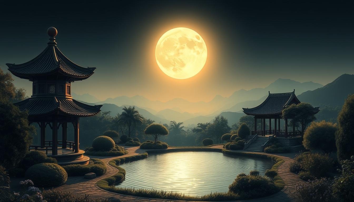 A serene landscape under the luminous glow of a full moon. In the foreground, a traditional Chinese pavilion with sweeping curved roofs and ornate details stands in peaceful contemplation. Surrounding it, a tranquil garden with lush foliage and a winding path invites the viewer to explore. The middle ground features a rippling pond, its surface reflecting the radiant moon above. In the distance, misty mountains rise, their silhouettes shrouded in the soft, diffused light. The atmosphere is one of calm, introspection, and a sense of timeless wisdom, perfectly capturing the essence of "月" and the section on "Learning and Mastery" in the article.
