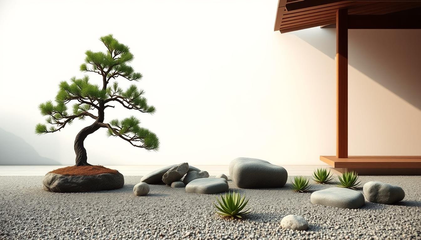 A serene, minimalist scene of a Japanese-inspired garden vignette. In the foreground, a carefully pruned Bonsai-style Juniper tree stands tall, its branches elegantly cascading. The mid-ground features a harmonious arrangement of smooth river rocks and low-growing Sedum plants, creating a sense of balance and proportion. The background depicts a tranquil landscape with soft, diffused lighting, evoking a peaceful, contemplative atmosphere. The overall composition emphasizes the interplay of scale, height, and placement, showcasing the principles of harmonious spatial arrangement. The scene is captured through a medium-wide angle lens, allowing the viewer to appreciate the thoughtful design and attention to detail. A serene, minimalist scene of a Japanese-inspired garden vignette. In the foreground, a carefully pruned Bonsai-style Juniper tree stands tall, its branches elegantly cascading. The mid-ground features a harmonious arrangement of smooth river rocks and low-growing Sedum plants, creating a sense of balance and proportion. The background depicts a tranquil landscape with soft, diffused lighting, evoking a peaceful, contemplative atmosphere. The overall composition emphasizes the interplay of scale, height, and placement, showcasing the principles of harmonious spatial arrangement. The scene is captured through a medium-wide angle lens, allowing the viewer to appreciate the thoughtful design and attention to detail.