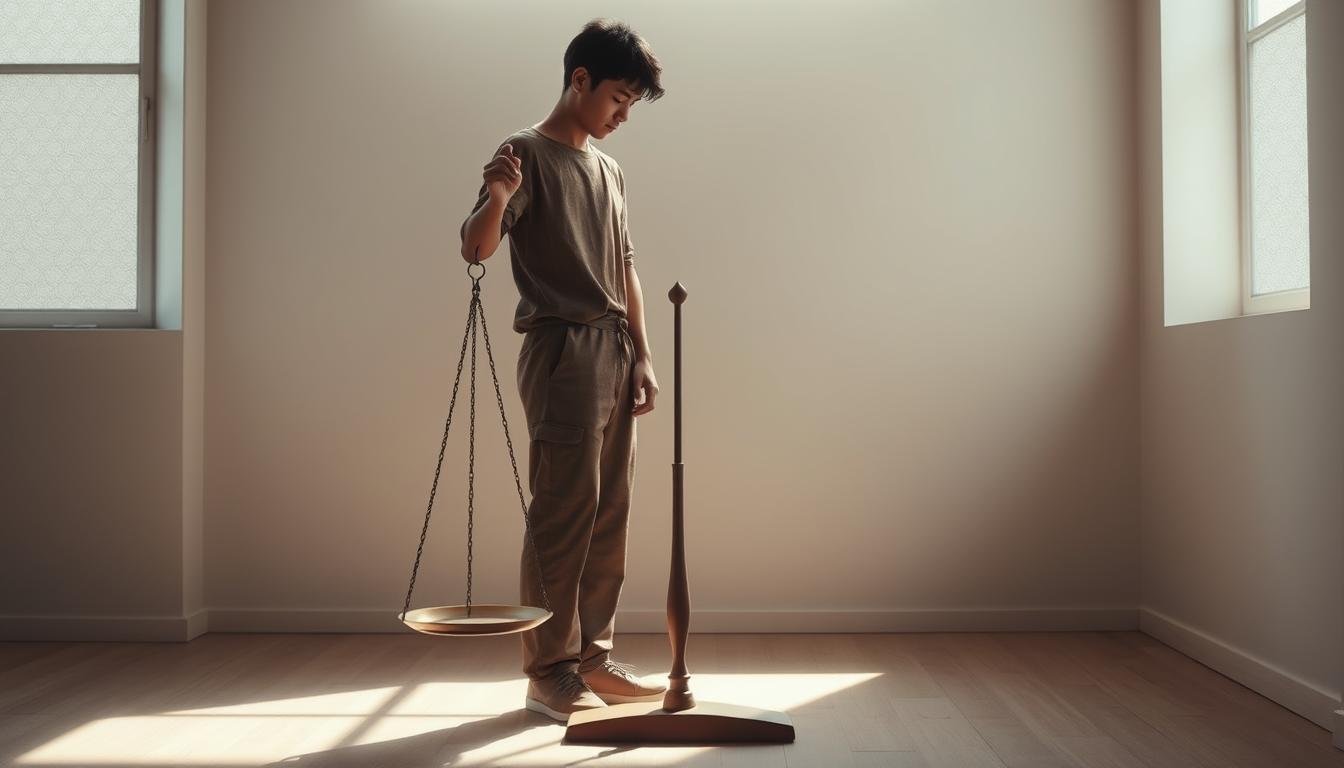 A serene, minimalist scene of a person carefully adjusting the scales of their life, symbolizing the delicate balance needed to navigate the ebb and flow of one's destiny. The figure stands in a tranquil, sun-dappled room, dressed in earthy, muted tones. Soft, diffused lighting casts gentle shadows, creating a sense of introspection and calm. The scales, finely balanced, represent the adjustments required to find equilibrium and reduce risk in one's daily life. The overall composition conveys a contemplative, introspective mood, inviting the viewer to reflect on the nuances of fate and the power of self-actualization. A serene, minimalist scene of a person carefully adjusting the scales of their life, symbolizing the delicate balance needed to navigate the ebb and flow of one's destiny. The figure stands in a tranquil, sun-dappled room, dressed in earthy, muted tones. Soft, diffused lighting casts gentle shadows, creating a sense of introspection and calm. The scales, finely balanced, represent the adjustments required to find equilibrium and reduce risk in one's daily life. The overall composition conveys a contemplative, introspective mood, inviting the viewer to reflect on the nuances of fate and the power of self-actualization.