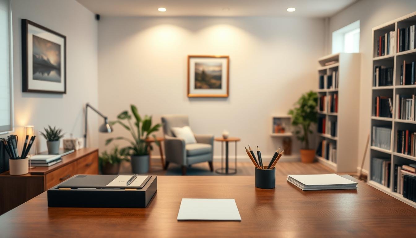 A serene office setting with a professional, yet inviting atmosphere. In the foreground, a wooden desk with a neatly organized array of stationery and a laptop. Soft, warm lighting casts a cozy glow, complemented by a potted plant and a framed artwork on the wall. The middle ground features a comfortable armchair and a small side table, creating a space for consultations. In the background, bookshelves line the walls, conveying a sense of expertise and knowledge. The overall mood is one of tranquility and thoughtful consideration, setting the stage for a personalized, high-quality consultation experience. A serene office setting with a professional, yet inviting atmosphere. In the foreground, a wooden desk with a neatly organized array of stationery and a laptop. Soft, warm lighting casts a cozy glow, complemented by a potted plant and a framed artwork on the wall. The middle ground features a comfortable armchair and a small side table, creating a space for consultations. In the background, bookshelves line the walls, conveying a sense of expertise and knowledge. The overall mood is one of tranquility and thoughtful consideration, setting the stage for a personalized, high-quality consultation experience.