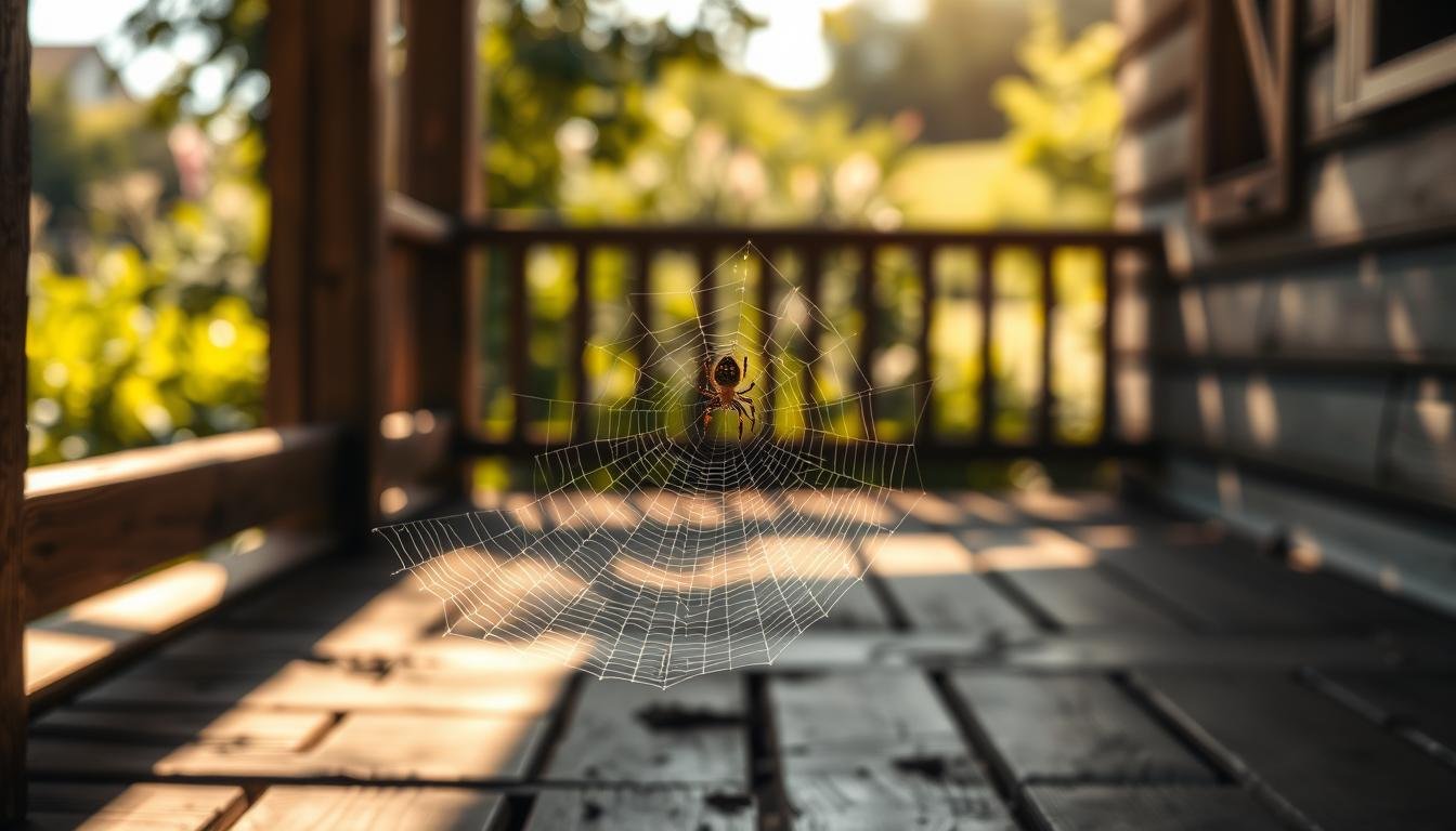 A serene, sun-dappled scene of a wooden porch, the floorboards worn with age. In the foreground, a delicate spider's web glistens, its intricate pattern casting intricate shadows. Perched atop the web, a small, richly-colored spider surveys its domain, a symbol of patience, resilience, and the ability to turn chance into opportunity. The background is softly blurred, suggesting a lush garden beyond, a place of growth and new beginnings. The lighting is warm and gentle, evoking a sense of tranquility and the promise of good fortune. This image captures the essence of transforming the unexpected into a source of joy and prosperity.