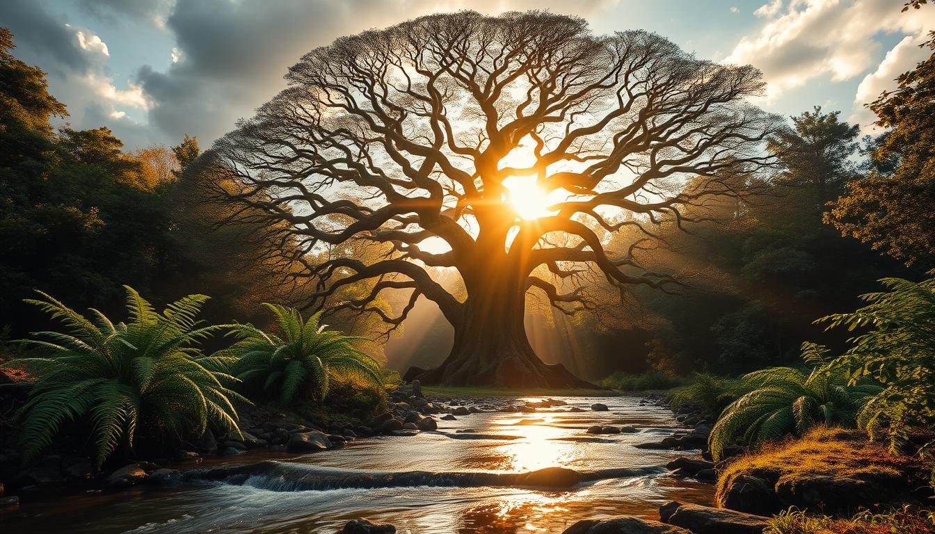 A serene woodland scene in the golden hour, with a towering fukiage tree at the center. Its intricate branches spread outward, creating a protective canopy that wards off ominous dark clouds swirling above. Sunlight filters through the leaves, casting a warm, calming glow on the forest floor. In the foreground, a small stream flows peacefully, its gentle ripples reflecting the tranquil atmosphere. Lush ferns and moss-covered rocks border the water, hinting at the tree's ability to harmonize the energies of the land. The overall composition conveys a sense of balance, where the fukiage tree stands as a guardian, skillfully navigating and resolving the surrounding "lightning zone" of potential obstacles or hazards. A serene woodland scene in the golden hour, with a towering fukiage tree at the center. Its intricate branches spread outward, creating a protective canopy that wards off ominous dark clouds swirling above. Sunlight filters through the leaves, casting a warm, calming glow on the forest floor. In the foreground, a small stream flows peacefully, its gentle ripples reflecting the tranquil atmosphere. Lush ferns and moss-covered rocks border the water, hinting at the tree's ability to harmonize the energies of the land. The overall composition conveys a sense of balance, where the fukiage tree stands as a guardian, skillfully navigating and resolving the surrounding "lightning zone" of potential obstacles or hazards.