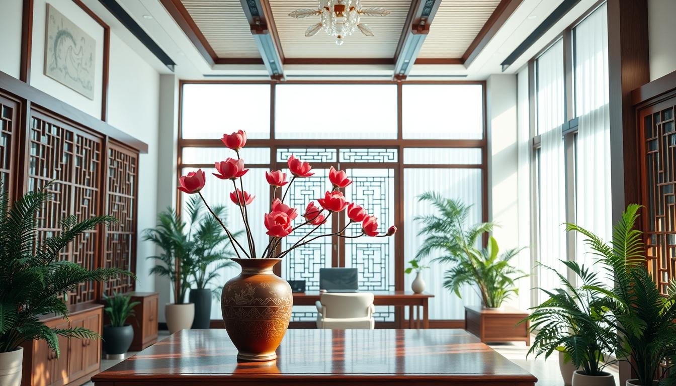 A spacious, well-lit office interior with an elegant Chinese-style design. A large ornamental vase filled with blooming red lotus flowers sits prominently on a wooden desk, casting a warm, serene glow. Delicate lattice screens and wooden beams create a sense of balance and harmony. Lush ferns and potted plants line the periphery, enhancing the peaceful, nature-inspired ambiance. Soft, diffused lighting filters through large windows, illuminating the room with a tranquil, contemplative atmosphere. The overall composition exudes a blend of traditional Chinese aesthetics and modern professional elegance, reflecting the perfect harmonization of business and Feng Shui principles.