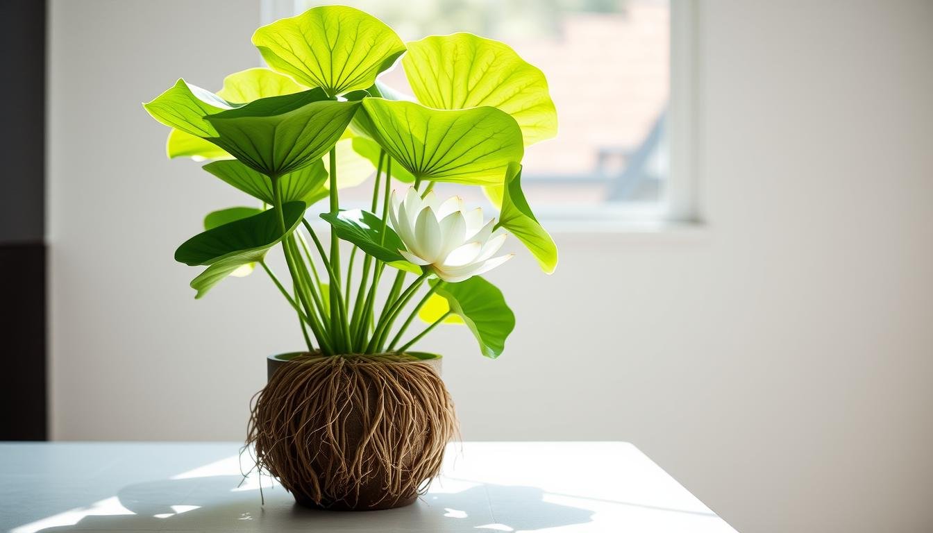 A stunning hydroponically grown white lotus root plant in a minimalist ceramic planter, bathed in soft, natural light. The lush, verdant leaves gently sway, conveying a sense of tranquility and balance. The root structure is prominently displayed, its intricate patterns and textures a testament to the plant's vitality. A serene and harmonious scene, captured with a wide-angle lens to emphasize the plant's graceful form and its connection to the surrounding space. This image evokes the essence of the white lotus root's feng shui significance and the importance of its proper care and maintenance.