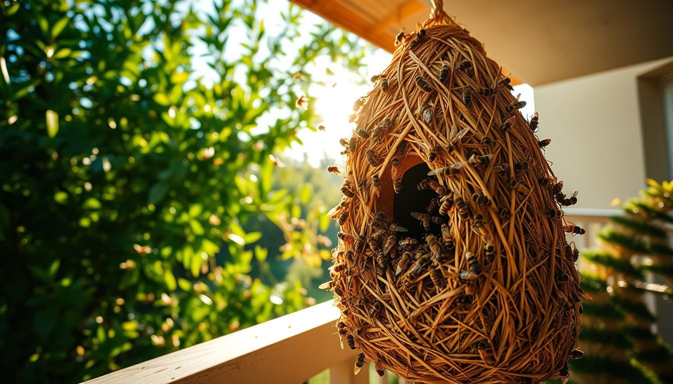 A sunny balcony with a birdhouse, teeming with observant yellow-legged bees. The warm light filters through lush greenery, casting gentle shadows. The bees dart in and out of the intricate straw-woven structure, their diligent activity creating a mesmerizing dance. The scene exudes a sense of tranquility and harmonious coexistence, inviting the viewer to appreciate the delicate balance of nature. A wide-angle lens captures the serene composition, showcasing the symbiotic relationship between the bees and their environment.