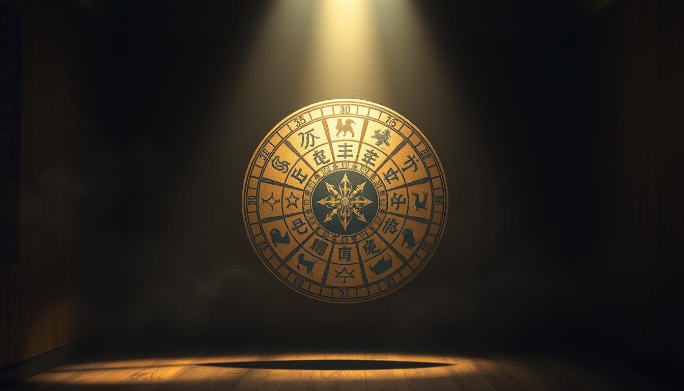 A traditional Chinese astrological chart, known as the "Ba Zi" or "Eight Characters", hovers in the center of the frame, its intricate symbols and lines casting a mystical glow. The chart is surrounded by a serene, dimly lit environment, with soft shadows and muted tones that evoke a sense of contemplation and inner exploration. Subtle lighting from above casts a warm, meditative ambiance, drawing the viewer's focus to the chart's core elements. The overall composition conveys a sense of depth, balance, and the interplay between the celestial and the earthly, inviting the viewer to delve into the secrets of this ancient divination practice.