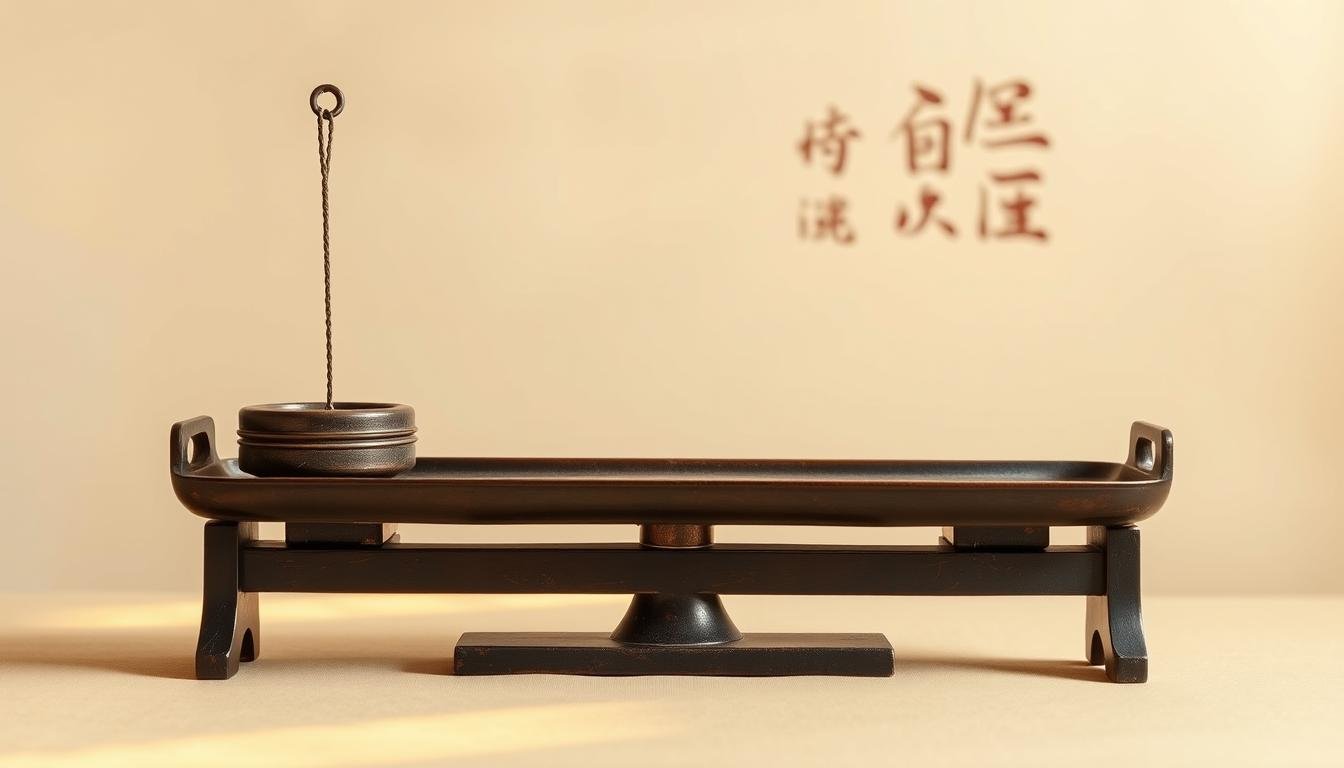 A traditional Chinese bronze balance scale set against a plain backdrop, illuminated by warm, natural lighting. The scale is positioned centrally, with the pan and weights clearly visible. The scale's surface is weathered, suggesting its long history. In the background, a faint pattern or texture evokes ancient calligraphic elements, hinting at the scale's cultural significance. The overall composition conveys a sense of precision, tradition, and contemplation, suitable for illustrating a section on calculating one's "Ba Zi" or "Eight Characters" in Chinese metaphysics.