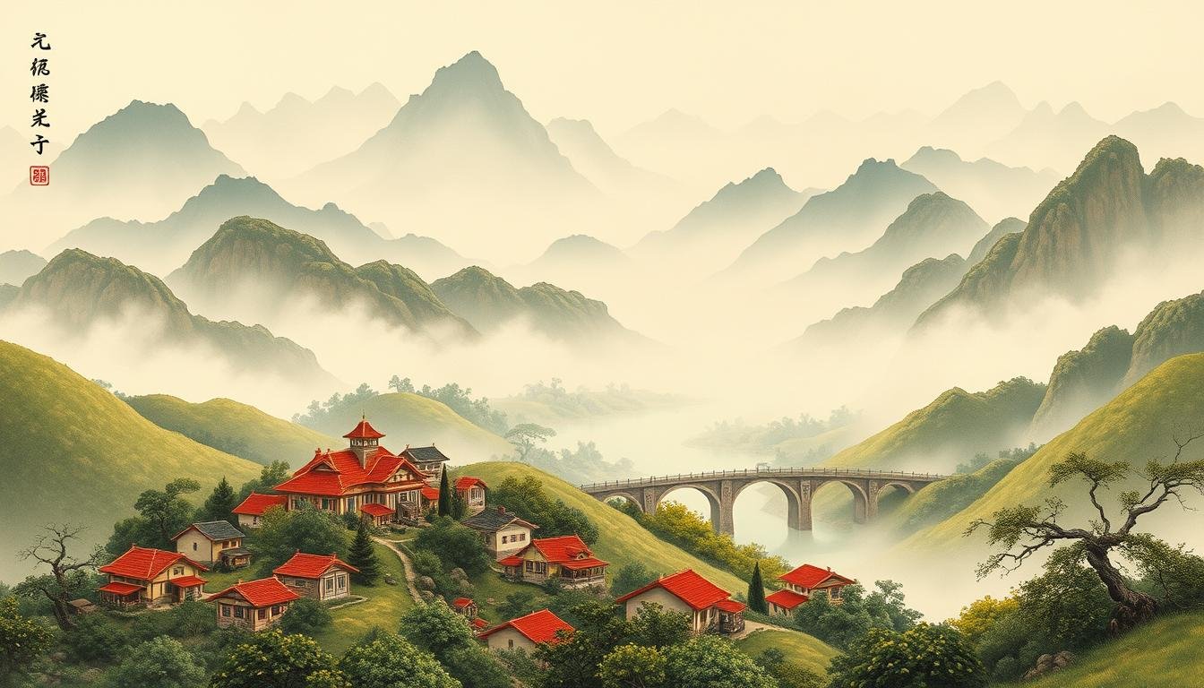 A traditional Chinese landscape painting depicting the concept of "avoiding calamity without losing wealth". In the foreground, a serene village nestled among rolling hills, with red-roofed houses and lush greenery. The middle ground features a winding river crossed by a stone bridge, symbolizing the path to financial prosperity. In the background, majestic mountains shrouded in mist, evoking a sense of timelessness and tranquility. The lighting is soft and diffused, creating a warm, harmonious atmosphere. The composition is balanced, with elements of yin and yang, highlighting the delicate balance between avoiding misfortune and maintaining financial stability.