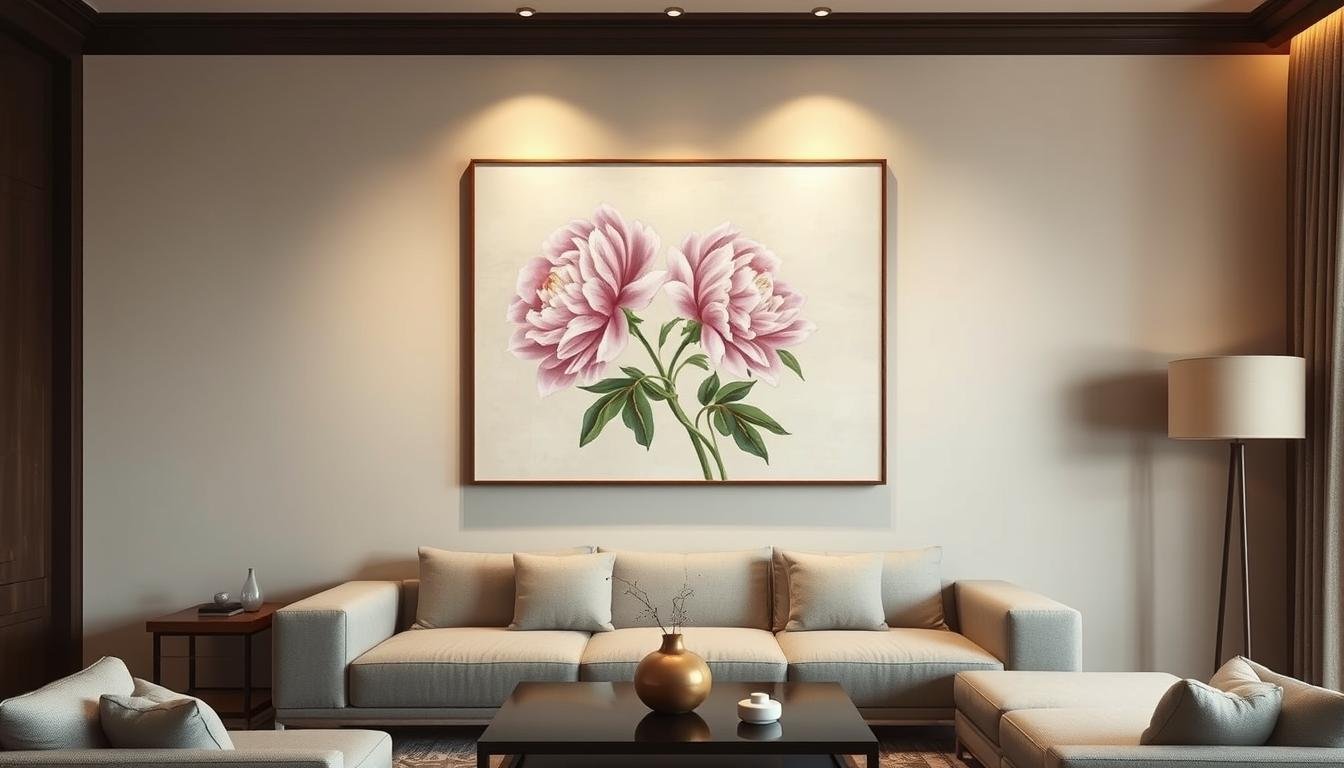 A traditional Chinese peony painting hangs gracefully on the wall of a modern living room. The delicate flowers bloom with vibrant hues, their petals softly unfurling against a serene backdrop. Warm, diffused lighting accentuates the painting's depth and texture, creating a harmonious balance between the classical artwork and the contemporary interior. The composition is carefully arranged, with the peony painting taking center stage and complemented by minimalist furnishings that allow the artwork to shine. An atmosphere of refined elegance and cultural appreciation pervades the space, inviting contemplation and a sense of balance. A traditional Chinese peony painting hangs gracefully on the wall of a modern living room. The delicate flowers bloom with vibrant hues, their petals softly unfurling against a serene backdrop. Warm, diffused lighting accentuates the painting's depth and texture, creating a harmonious balance between the classical artwork and the contemporary interior. The composition is carefully arranged, with the peony painting taking center stage and complemented by minimalist furnishings that allow the artwork to shine. An atmosphere of refined elegance and cultural appreciation pervades the space, inviting contemplation and a sense of balance.