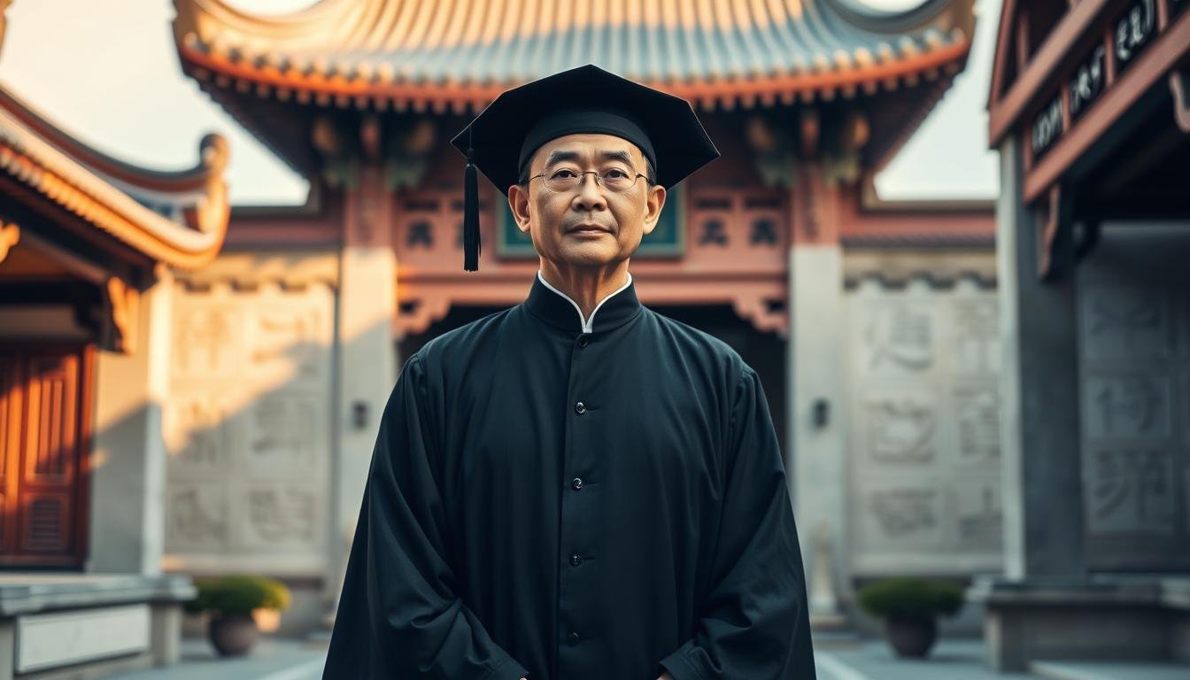 A traditional-looking Asian teacher standing in a serene courtyard of a Taiwanese temple, the Longshan Temple in Taipei. The teacher wears a formal black academic robe and a distinctive scholar's hat, with a contemplative expression on their face. The temple's red-tiled roofs and intricate stone carvings frame the scene, creating a sense of timeless cultural heritage. Soft, warm lighting illuminates the teacher, casting subtle shadows that enhance the depth and texture of the image. The overall atmosphere is one of tranquility, wisdom, and reverence for the rich history and traditions of Taiwanese culture.
