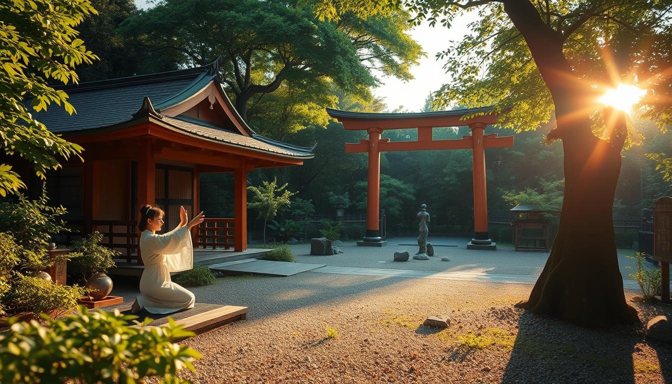 A tranquil Shinto shrine nestled amidst lush green foliage, the morning sun casting a warm glow over the scene. In the foreground, a graceful figure performs the "Yūkiuchi" ritual, carefully drawing spiritual energy from the surrounding environment. The middle ground reveals a serene rock garden, meticulously arranged to evoke a sense of harmony and balance. In the background, the iconic torii gate stands tall, symbolizing the passage from the mundane to the sacred. The atmosphere is one of focused contemplation, with a subtle air of mysticism permeating the space. A tranquil Shinto shrine nestled amidst lush green foliage, the morning sun casting a warm glow over the scene. In the foreground, a graceful figure performs the "Yūkiuchi" ritual, carefully drawing spiritual energy from the surrounding environment. The middle ground reveals a serene rock garden, meticulously arranged to evoke a sense of harmony and balance. In the background, the iconic torii gate stands tall, symbolizing the passage from the mundane to the sacred. The atmosphere is one of focused contemplation, with a subtle air of mysticism permeating the space.