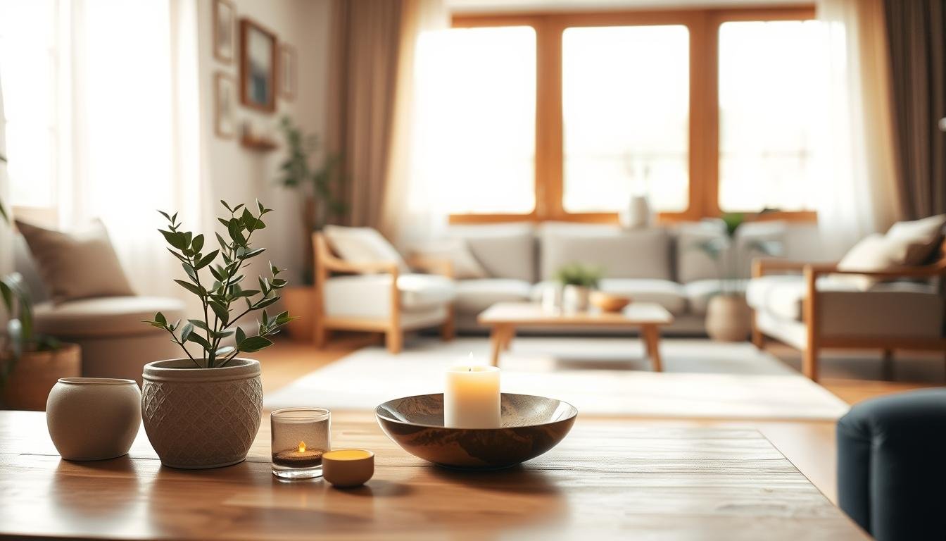 A tranquil and harmonious living space, bathed in warm, natural light. In the foreground, a neatly arranged display of calming decor elements - a potted plant, a decorative bowl, and a candle flickering gently. The middle ground features tasteful furniture pieces, their clean lines and muted tones creating a sense of balance and serenity. The background reveals a large window, letting in soft, diffused sunlight that fills the room with a serene, inviting atmosphere. The overall mood is one of calm, mindfulness, and a well-curated, peaceful energy, reflecting the idea of optimizing one's "家居氣場".