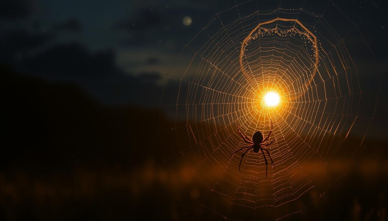 A tranquil, dimly lit scene depicting the flow of time through the intricate web of a majestic spider. In the foreground, the spider's silhouette is cast in a warm, golden glow, its eight legs poised with a sense of ancient wisdom. The middle ground showcases the delicate web, its strands shimmering with dew, capturing the passage of day and night. In the distant background, a tapestry of celestial bodies and shifting seasons unfolds, hinting at the cyclical nature of time. The composition evokes a sense of harmony between the spider's timeless presence and the ever-changing rhythms of the universe. A tranquil, dimly lit scene depicting the flow of time through the intricate web of a majestic spider. In the foreground, the spider's silhouette is cast in a warm, golden glow, its eight legs poised with a sense of ancient wisdom. The middle ground showcases the delicate web, its strands shimmering with dew, capturing the passage of day and night. In the distant background, a tapestry of celestial bodies and shifting seasons unfolds, hinting at the cyclical nature of time. The composition evokes a sense of harmony between the spider's timeless presence and the ever-changing rhythms of the universe.