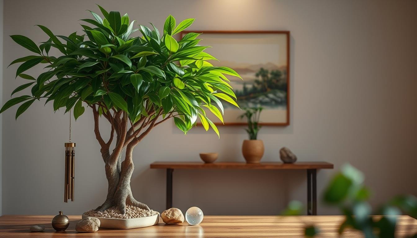 A tranquil scene of harmonious feng shui and flowing energy. In the foreground, a lush, thriving Pachira Aquatica, its vibrant green leaves and sturdy trunk symbolizing prosperity and good fortune. Meticulously arranged around the plant are elements like a small brass wind chime, a natural stone, and a delicate crystal sphere, all thoughtfully placed to enhance the home's positive chi. The middle ground features a minimalist, Japanese-inspired wooden shelf displaying a carefully curated collection of items - a bamboo plant, a calligraphic scroll, and a smooth, river-worn pebble. In the background, a serene landscape painting evokes a sense of tranquility and balance. Soft, warm lighting from a concealed source casts a gentle glow, creating an atmosphere of harmony and well-being.