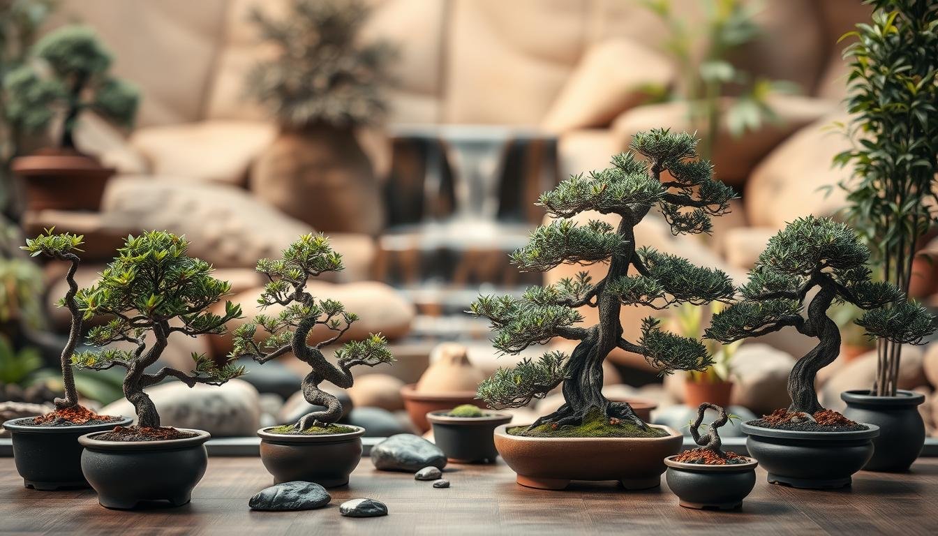 A tranquil still life showcasing an array of Fukusugi (Podocarpus macrophyllus) bonsai specimens. The foreground features several potted Fukusugi in varying sizes, shapes, and textures, meticulously pruned and arranged to highlight their natural beauty. The middle ground includes additional Fukusugi specimens, as well as complimentary feng shui-friendly plants like Lucky Bamboo and Chinese Evergreen, all set against a softly blurred background of natural elements like river stones, driftwood, and a gentle waterfall or koi pond. The lighting is warm and diffused, creating a serene, contemplative atmosphere that showcases the harmony between these auspicious plants and their ideal placements for harmonious home environments. A tranquil still life showcasing an array of Fukusugi (Podocarpus macrophyllus) bonsai specimens. The foreground features several potted Fukusugi in varying sizes, shapes, and textures, meticulously pruned and arranged to highlight their natural beauty. The middle ground includes additional Fukusugi specimens, as well as complimentary feng shui-friendly plants like Lucky Bamboo and Chinese Evergreen, all set against a softly blurred background of natural elements like river stones, driftwood, and a gentle waterfall or koi pond. The lighting is warm and diffused, creating a serene, contemplative atmosphere that showcases the harmony between these auspicious plants and their ideal placements for harmonious home environments.