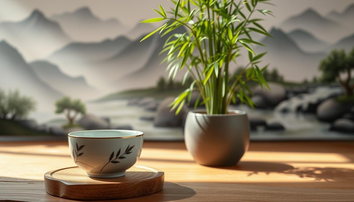 A tranquil zen-inspired composition capturing the essence of a "竹柏風水" guiding section. In the foreground, an exquisite ceramic tea set with delicate bamboo and pine accents rests atop a natural wood surface. The middle ground features a lush, verdant potted bamboo plant, its graceful stalks swaying gently. In the background, a serene landscape painting of misty mountains and a flowing stream creates a soothing atmosphere. Soft, diffused natural lighting filters through the scene, casting a warm, contemplative glow. The overall mood is one of harmony, balance, and connection with nature - perfectly embodying the themes of the "竹柏風水" section. A tranquil zen-inspired composition capturing the essence of a "竹柏風水" guiding section. In the foreground, an exquisite ceramic tea set with delicate bamboo and pine accents rests atop a natural wood surface. The middle ground features a lush, verdant potted bamboo plant, its graceful stalks swaying gently. In the background, a serene landscape painting of misty mountains and a flowing stream creates a soothing atmosphere. Soft, diffused natural lighting filters through the scene, casting a warm, contemplative glow. The overall mood is one of harmony, balance, and connection with nature - perfectly embodying the themes of the "竹柏風水" section.