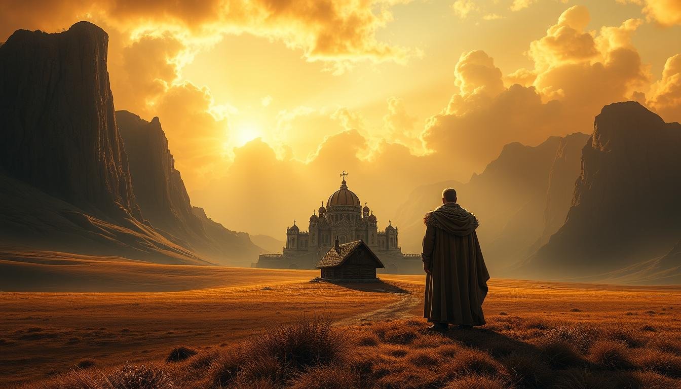 A vast, sweeping landscape where the fates of a king and a commoner intertwine. In the foreground, a majestic palace towers, its grandeur casting a long shadow over a humble cottage in the middle ground. The sky above is painted in warm, golden hues, as if touched by the celestial forces that guide the lives of all who dwell below. The king, adorned in regal splendor, stands contemplative, his gaze meeting that of the common man, their paths crossing in a moment of profound synchronicity. The light filters through the scene, casting a dreamlike quality, hinting at the mysteries of destiny that bind us all, regardless of station or circumstance.