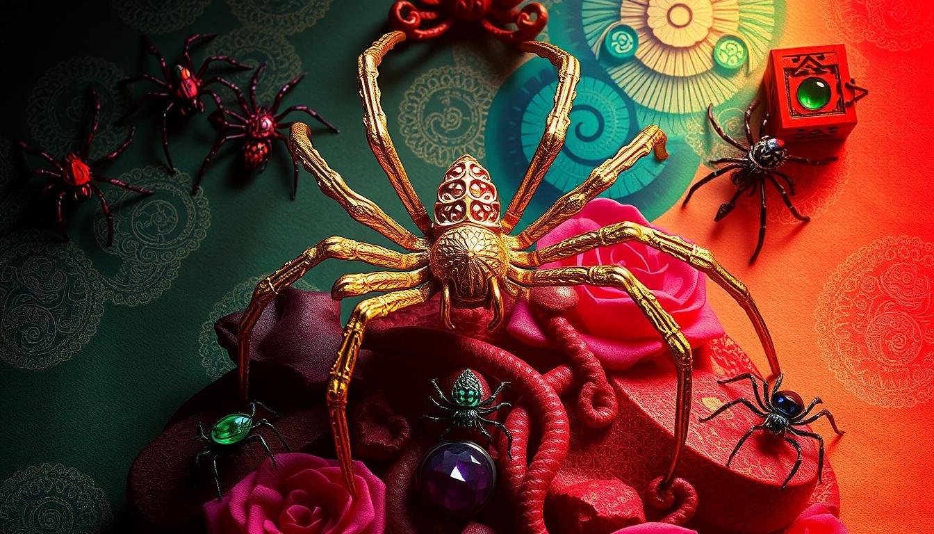 A vibrant, feng shui-inspired composition depicting an array of colorful spiders in various positions, symbolizing prosperity and wealth. The scene features a central focal point of a large, intricately detailed spider in shimmering gold, surrounded by smaller spiders in shades of emerald, ruby, and sapphire, each posed gracefully against a backdrop of lush, swirling patterns in complementary hues. The lighting is soft and diffused, creating a warm, mystical ambiance that enhances the spiders' mesmerizing presence. The composition is balanced and harmonious, conveying a sense of balance and tranquility that aligns with traditional feng shui principles.
