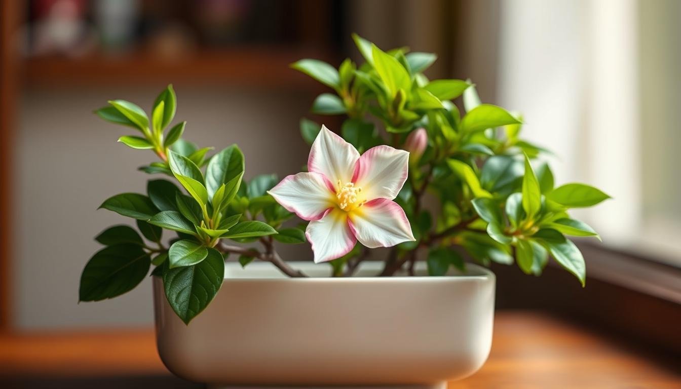 A vibrant, ornamental Chinese flowering plant, the "Laughing Flower" (笑花), sits gracefully in an elegant ceramic container. The lush, verdant foliage frames the delicate, blooming flowers, their petals unfurling in a joyful expression. Soft, warm lighting casts a gentle glow, accentuating the flower's captivating colors - a harmonious blend of pink, white, and yellow hues. The composition is balanced, with the flower positioned centrally, allowing its natural beauty to shine. The container's sleek, minimalist design complements the organic forms, creating a visually appealing and serene still life. An air of tranquility and contemplation pervades the scene, inviting the viewer to appreciate the timeless elegance of this traditional Chinese botanical.