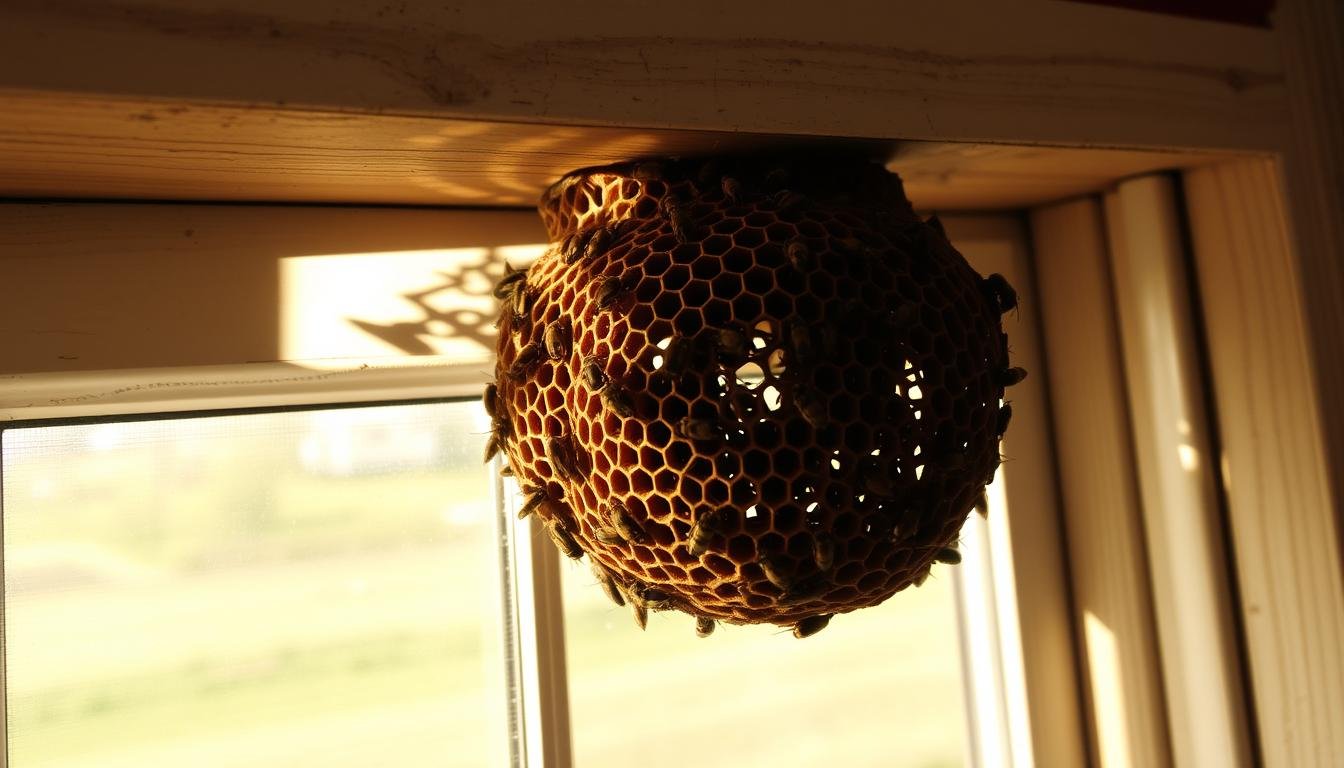 A window frame, partially obscured by an intricate wasp nest. The nest clings to the eaves, its irregular honeycomb structure casting delicate shadows on the weathered wooden sill. Warm afternoon sunlight filters through the nest's intricate lattice, creating a mesmerizing play of light and shadow. The scene exudes a sense of quiet contemplation, the busy activity of the wasps a subtle reminder of the hidden forces at work in the natural world. The window frames a tranquil outdoor landscape, hinting at the balance and harmony that can be found when one embraces the unexpected.
