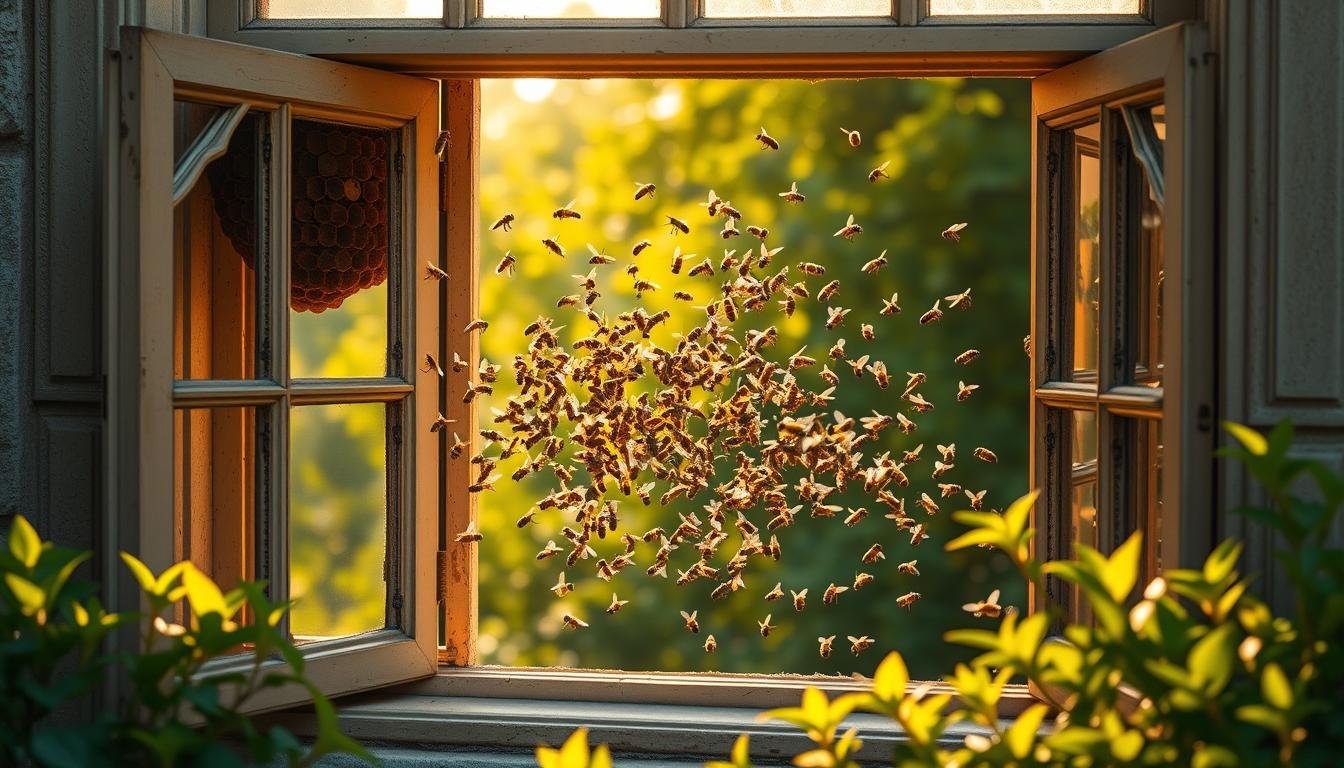 A window frame with an ornate design, surrounded by a lush, verdant garden. In the center, a swarm of busy honeybees emerges from a hive nestled in the upper left corner, their intricate patterns and movements capturing the viewer's attention. The scene is bathed in warm, golden sunlight, casting a serene and tranquil atmosphere. The bees appear to be navigating the space with purpose, suggesting a harmonious connection between the natural world and the architectural elements. The overall composition evokes a sense of balance and interconnectedness, inviting the viewer to contemplate the profound significance of this symbiotic relationship.