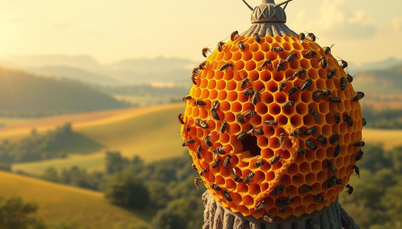 An intricate and detailed illustration of a hornets' nest, capturing the essence of its architectural magnificence and the profound implications it holds for financial prosperity. The nest is rendered in a warm, golden-hued palette, radiating an aura of prosperity and abundance. The intricate, hexagonal cells are meticulously crafted, their patterns evoking a sense of order and balance. The worker hornets are depicted in dynamic motion, their wings a blur as they busily maintain the hive. The background features a lush, verdant landscape, with rolling hills and a serene, cloudless sky, conveying a sense of harmony and tranquility. The lighting is soft and diffused, creating a sense of depth and atmosphere, while the camera angle emphasizes the impressive scale and grandeur of the hornets' nest, inviting the viewer to ponder its profound connection to financial fortune. An intricate and detailed illustration of a hornets' nest, capturing the essence of its architectural magnificence and the profound implications it holds for financial prosperity. The nest is rendered in a warm, golden-hued palette, radiating an aura of prosperity and abundance. The intricate, hexagonal cells are meticulously crafted, their patterns evoking a sense of order and balance. The worker hornets are depicted in dynamic motion, their wings a blur as they busily maintain the hive. The background features a lush, verdant landscape, with rolling hills and a serene, cloudless sky, conveying a sense of harmony and tranquility. The lighting is soft and diffused, creating a sense of depth and atmosphere, while the camera angle emphasizes the impressive scale and grandeur of the hornets' nest, inviting the viewer to ponder its profound connection to financial fortune.