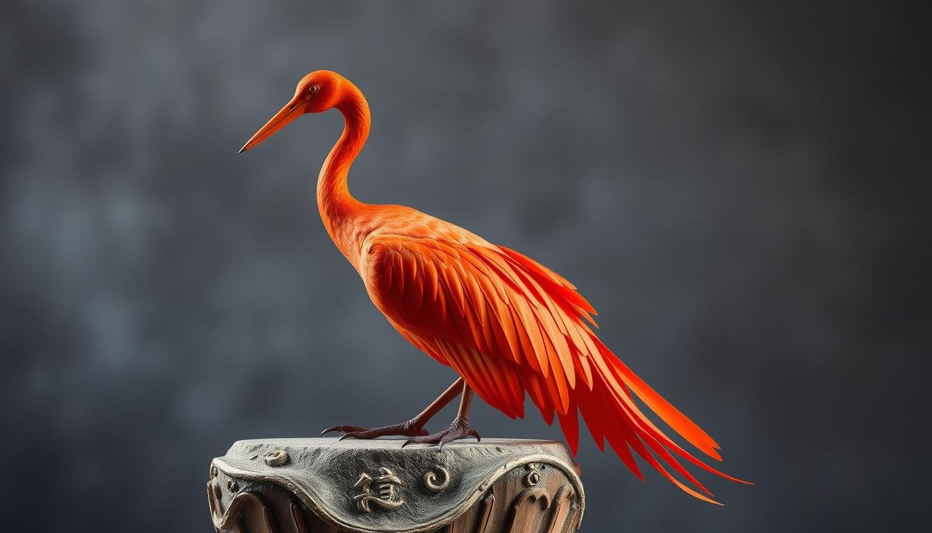 Arrange a composition of a red-orange crane-like bird, the "火鶴", perched on a stone or wooden pedestal, set against a muted background of soft gray and blue hues. Capture the graceful, flowing silhouette of the bird's elongated neck and tail feathers. Use a warm, diffused lighting to create a sense of tranquility and balance. Angle the camera slightly from below to imbue the subject with an air of dignified presence. Ensure the overall scene evokes a sense of harmony and auspiciousness, avoiding any visual elements that may disrupt the peaceful feng shui energy.