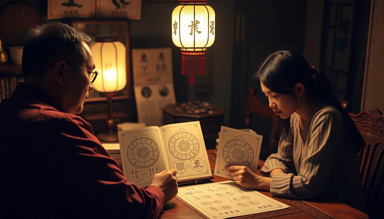 Detailed scene of a traditional Chinese astrological consultation, featuring the "Eight Characters" or "Ba Zi" divination system. A middle-aged Taiwanese fortune teller sits at a wooden table, surrounded by astrological charts, almanacs, and talismans. Warm lighting from a paper lantern casts a soft glow, creating an intimate, contemplative atmosphere. In the foreground, a young couple examines their paired horoscopes, their expressions reflecting a mixture of anticipation and apprehension as they seek guidance on their compatibility and life prospects. The background is a dimly lit room, hinting at the ancient, esoteric nature of this ancient practice deeply rooted in Taiwanese culture.