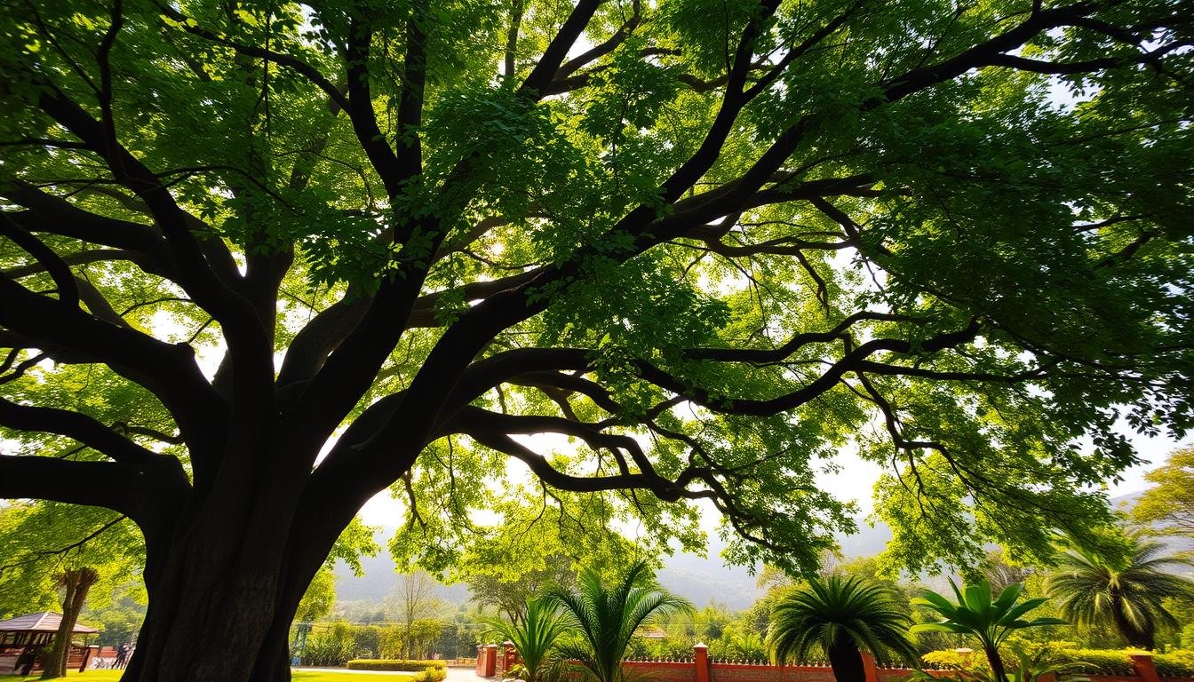 Lush, vibrant foliage of a majestic banyan tree, its sprawling branches casting intricate shadows across a serene garden landscape. Sunlight filters through the dense canopy, creating a warm, ambient glow. In the foreground, the distinct leaf shape and bark texture of the Banyan tree, also known as the Chinese Banyan or Ficus Microcarpa, stands out prominently. The mid-ground features a harmonious arrangement of complementary plants, hinting at the balance and harmony of a well-designed feng shui garden. The background blends seamlessly, with soft, hazy hills and a cloudless sky, conveying a sense of tranquility and connection to nature.